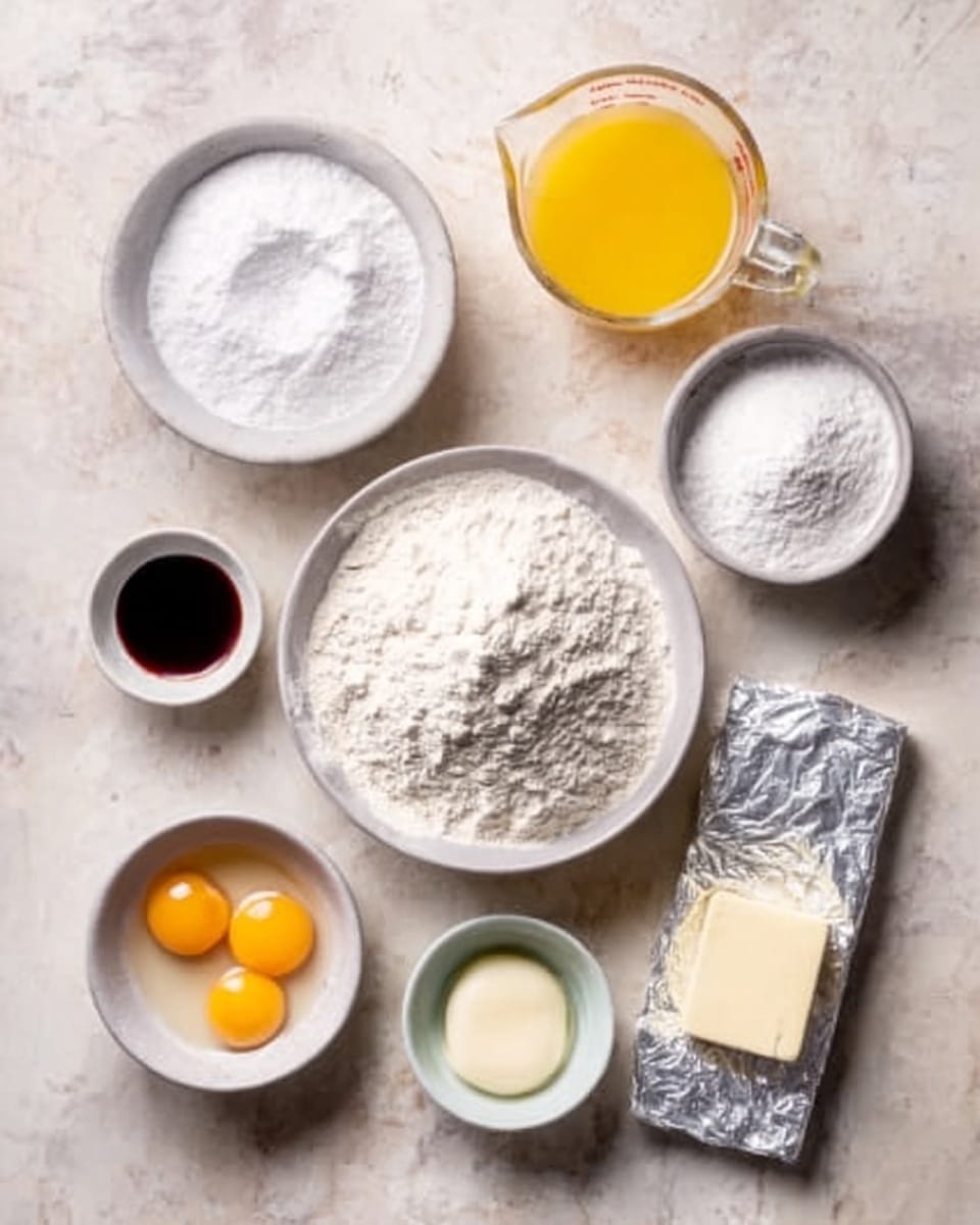 The image shows a light brown surface with seven white bowls and one butter block arranged neatly. In the center, there is a large white bowl filled with white flour. Above it, a glass measuring cup holds a yellow liquid, likely melted butter. To the top right, a white bowl contains white powdered sugar. To the left of the flour bowl, a smaller white bowl is filled with granulated white sugar. Below the flour, there is a small white bowl with two cracked eggs showing bright yellow yolks. To the bottom right, another small white bowl holds a tiny amount of a pale yellow liquid. Beside it lies a wrapped butter block with a silver foil covering. To the top left, a small white bowl filled with dark liquid, possibly vanilla extract. The background is changed to a white marbled texture. photo taken with an iphone --ar 4:5 --v 7