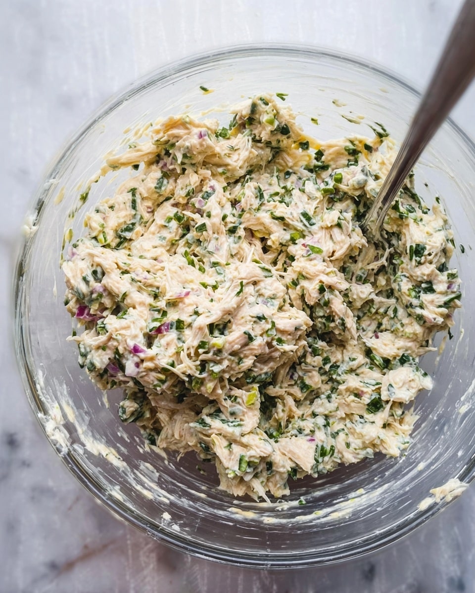 The image shows a clear glass bowl filled with a creamy mixture that has a textured look from finely shredded white meat and chopped green herbs spread evenly throughout. The mixture is thick and slightly chunky with bits of finely diced red onion scattered inside. A stainless steel fork is placed in the bowl resting on the surface of the mixture. The bowl sits on a white marbled surface with soft natural lighting highlighting the creamy and fresh colors. Photo taken with an iphone --ar 4:5 --v 7