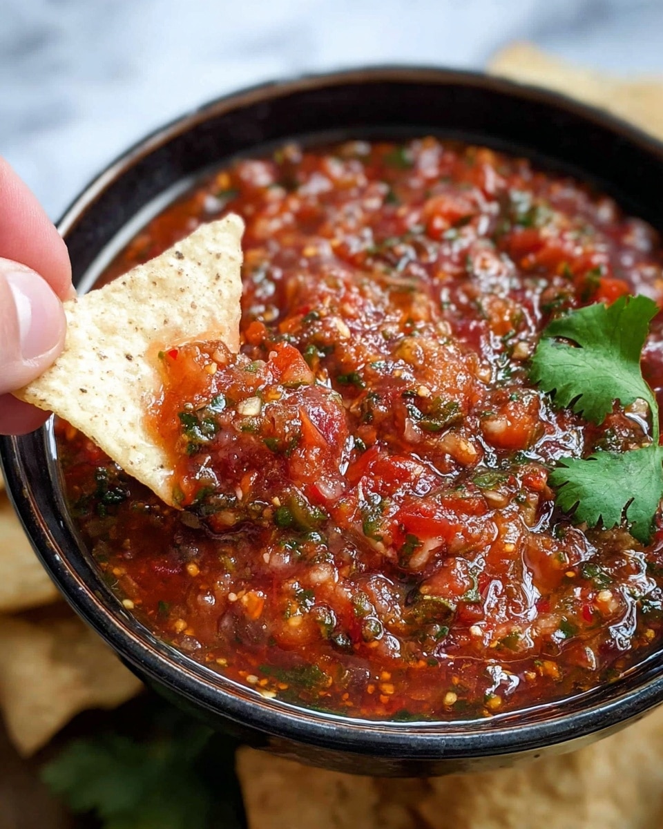A close-up image shows a black bowl filled with chunky red salsa made of visible bits of tomato, onion, and green herbs, with a sprig of cilantro on one side. A woman's hand is holding a white triangular tortilla chip dipped into the thick, textured salsa. The background is a white marbled texture. photo taken with an iphone --ar 4:5 --v 7