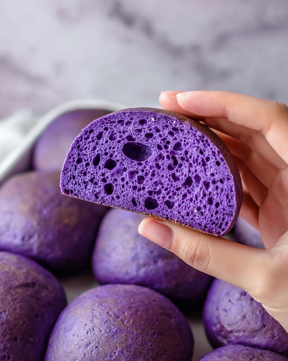 A woman's hand is holding a piece of soft, purple bread with a spongy texture and many small holes inside. The bread slice is a deep, bright purple color, and in the background, there are several round purple bread rolls with smooth tops tightly placed together. The whole scene is set on a white marbled surface. photo taken with an iphone --ar 4:5 --v 7