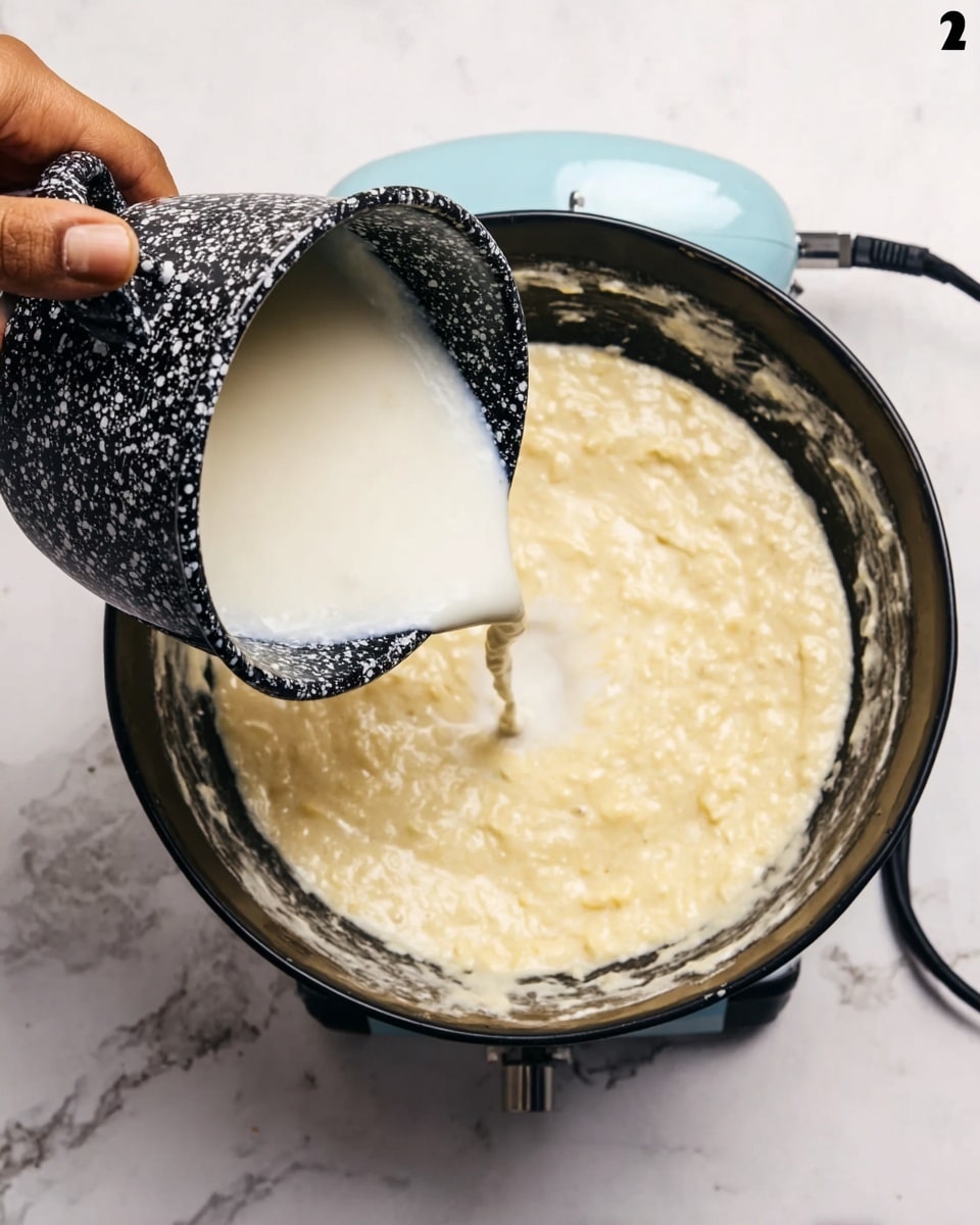 A black bowl sits on a white marbled surface, filled with a mixture of a pale yellow creamy batter. A woman's hand holds a black and white speckled cup pouring a white liquid into the batter while a light blue electric mixer whisks the contents inside the bowl. The batter has a slightly lumpy texture, suggesting ingredients being blended. Photo taken with an iphone --ar 4:5 --v 7