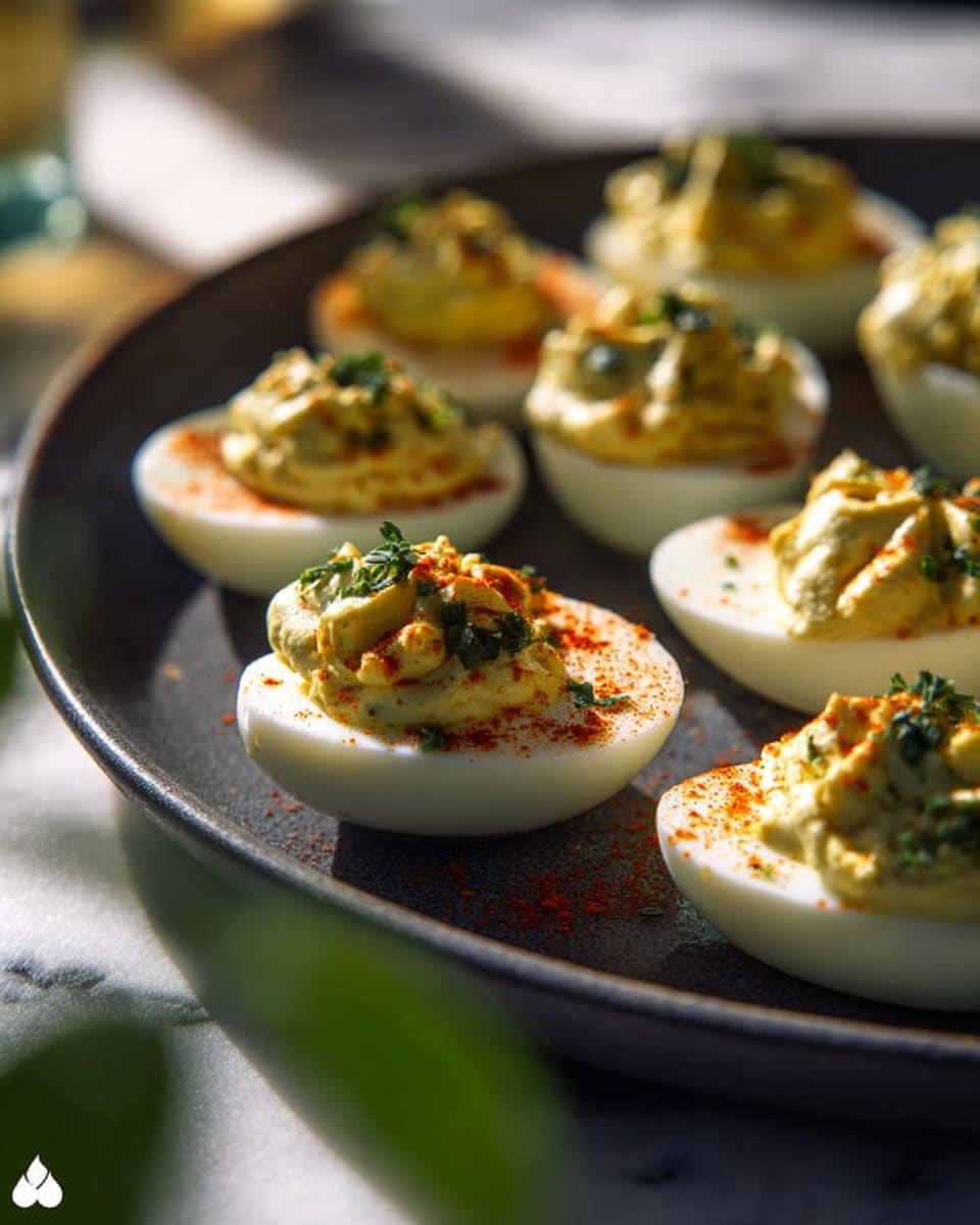 A dark gray plate holds a group of halved boiled eggs, each filled with a creamy, pale yellow mixture that is roughly piped on top. The filling has a smooth texture with small green herb bits, possibly parsley, scattered on it. Each egg half is also sprinkled lightly with a red powder, likely paprika, giving a soft contrast to the yellow filling. The background features a soft, white marbled texture with a blurred hint of greenery in the foreground. Light creates soft shadows and highlights on the eggs, making the filling look rich and fresh. Photo taken with an iphone --ar 4:5 --v 7