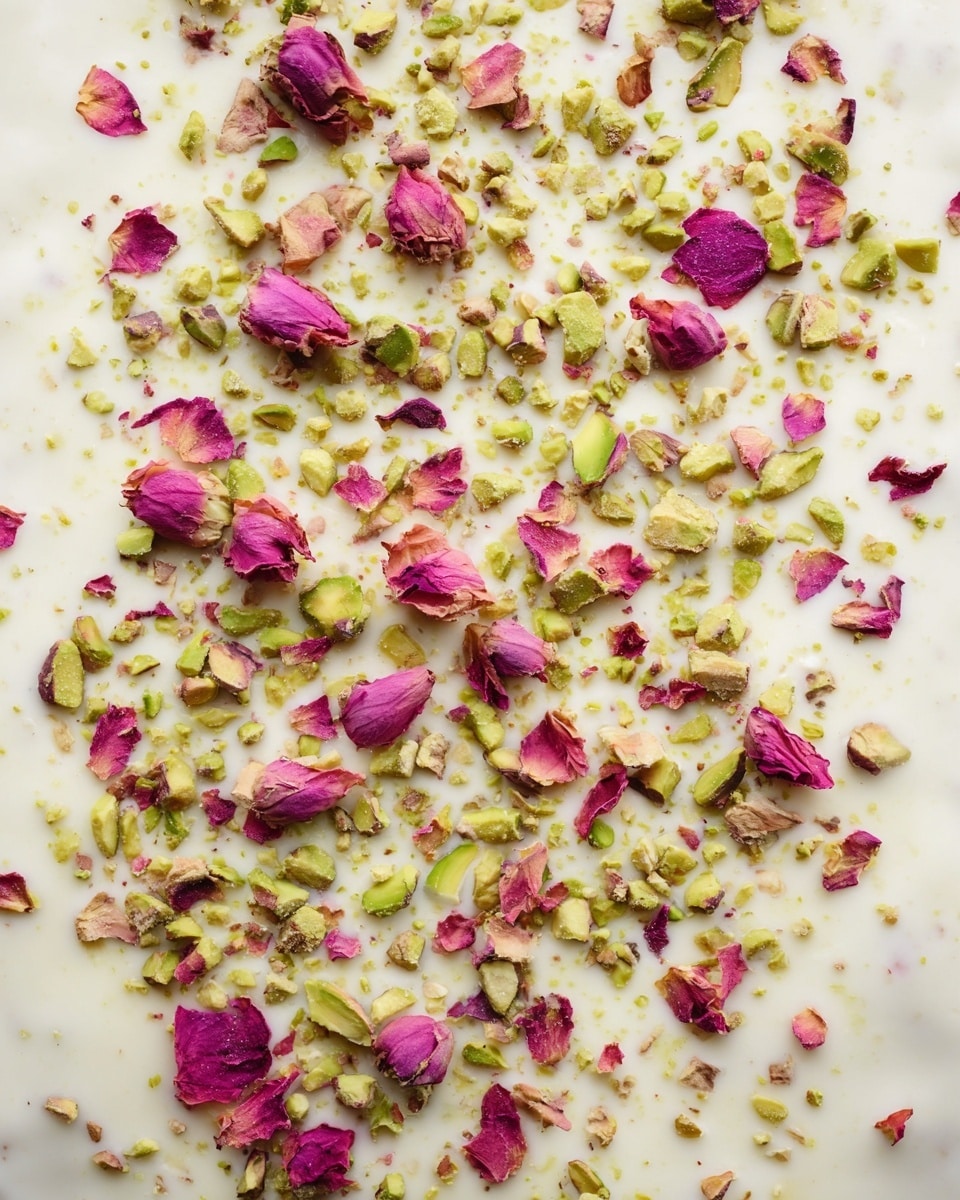 The image shows a smooth, creamy white layer that resembles a dessert or confection base, topped evenly with scattered pieces of crushed green pistachios and bright pink rose petals. The pistachios are broken into small, irregular chunks, giving a textured look, while the rose petals vary in size and shape, adding bursts of vibrant color against the pale background. The overall surface looks soft and glossy, with the toppings spread from the center to the edges on a white marbled texture. photo taken with an iphone --ar 4:5 --v 7
