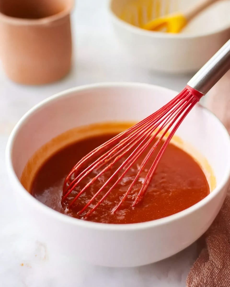 A close-up of a white bowl filled with a smooth, thick reddish-brown sauce being mixed by a red whisk with a silver handle resting inside the bowl. The bowl sits on a white marbled surface, and in the soft background, there is an out-of-focus white bowl and a brown container with a yellow spoon nearby. Photo taken with an iphone --ar 4:5 --v 7