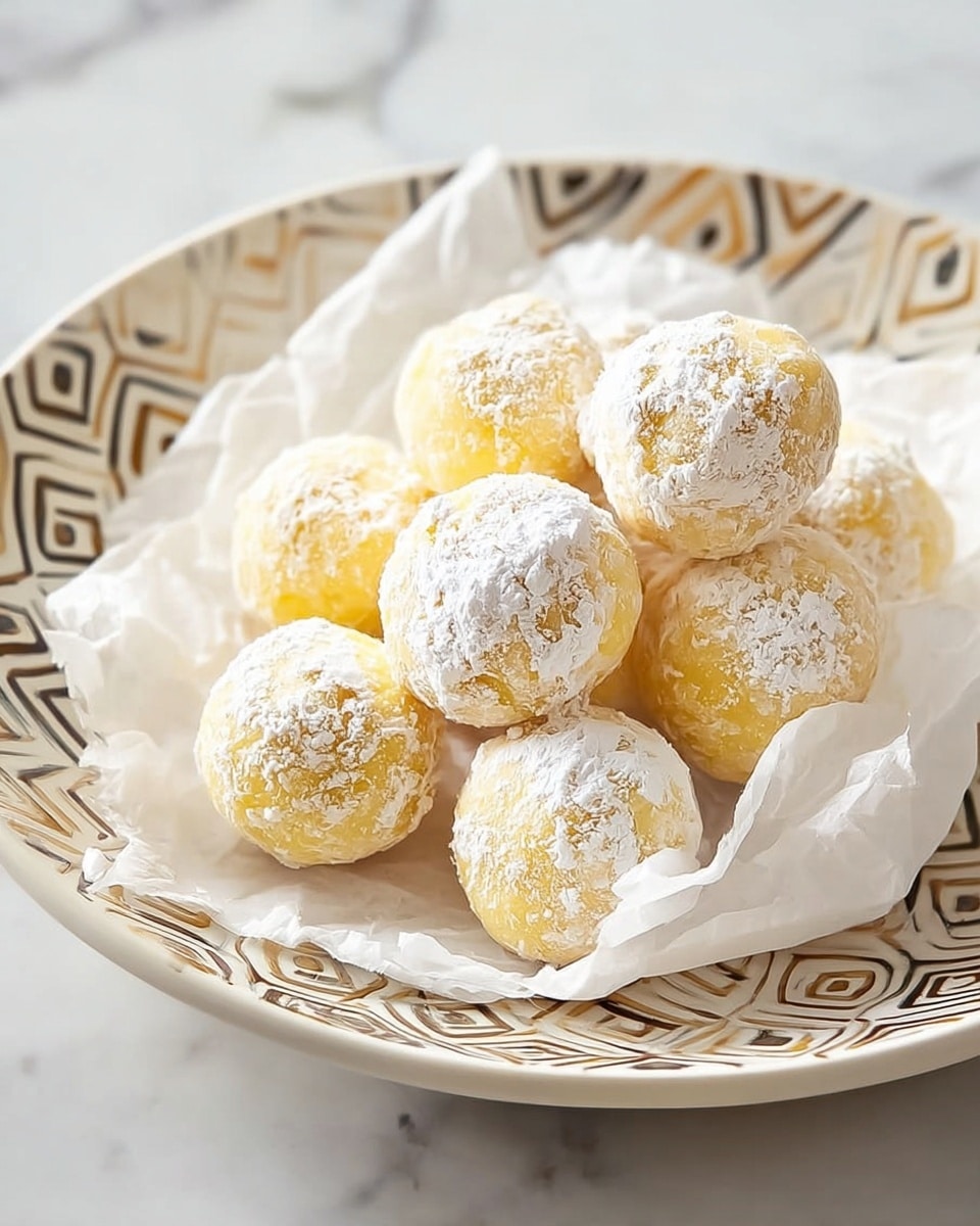 A white plate with brown geometric patterns holds a layer of crinkled white parchment paper; on top are about ten small round yellow balls, each dusted unevenly with white powder, giving a soft and slightly rough texture. The balls are arranged closely together in a small pile, showcasing their smooth yet powdery surfaces. The whole setup rests on a white marbled surface. Photo taken with an iphone --ar 4:5 --v 7