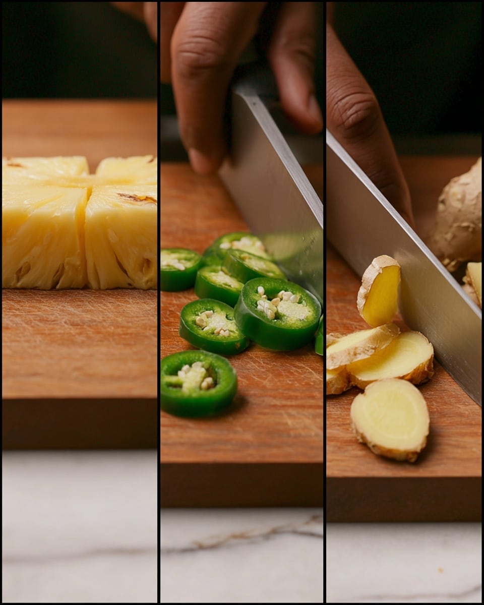 A triptych image shows a close-up of a woman's hand slicing different fresh ingredients on a wooden board. The first panel features a light tan block of pineapple with a textured surface being scored into small squares with a large knife. The second panel shows a bright green jalapeño cut into round pieces, displaying its smooth skin and seeds inside with the knife slicing through one piece. The third panel captures thin, pale yellow slices of ginger being carefully cut from a chunk of ginger root. The background is a white marbled texture. photo taken with an iphone --ar 4:5 --v 7