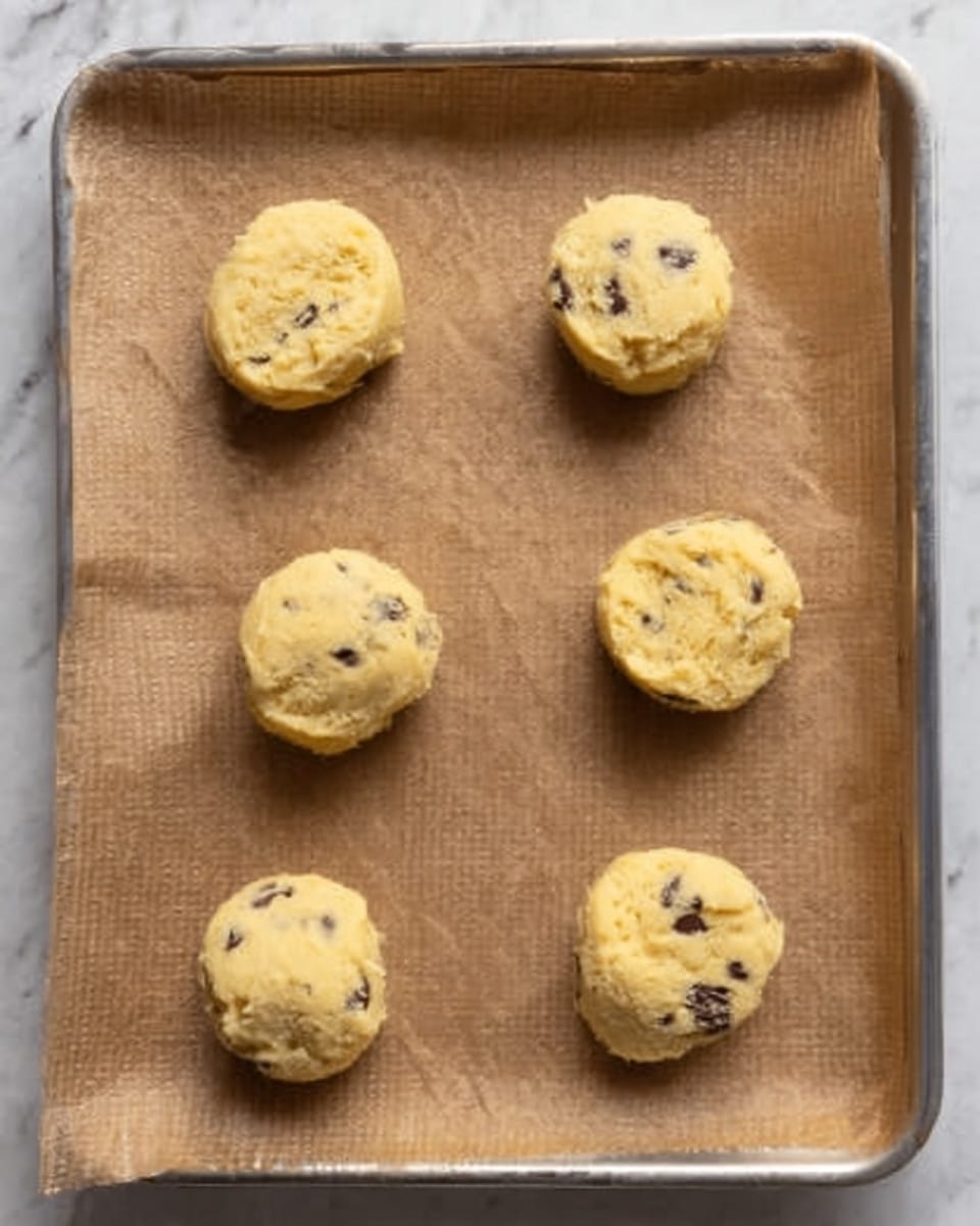 The image shows six raw cookie dough pieces spaced evenly on a sheet of brown parchment paper. The dough is creamy yellow with small dark chocolate chunks scattered throughout each round piece. The parchment paper lines a silver baking tray with a slightly textured edge. The background is a white marbled surface. photo taken with an iphone --ar 4:5 --v 7