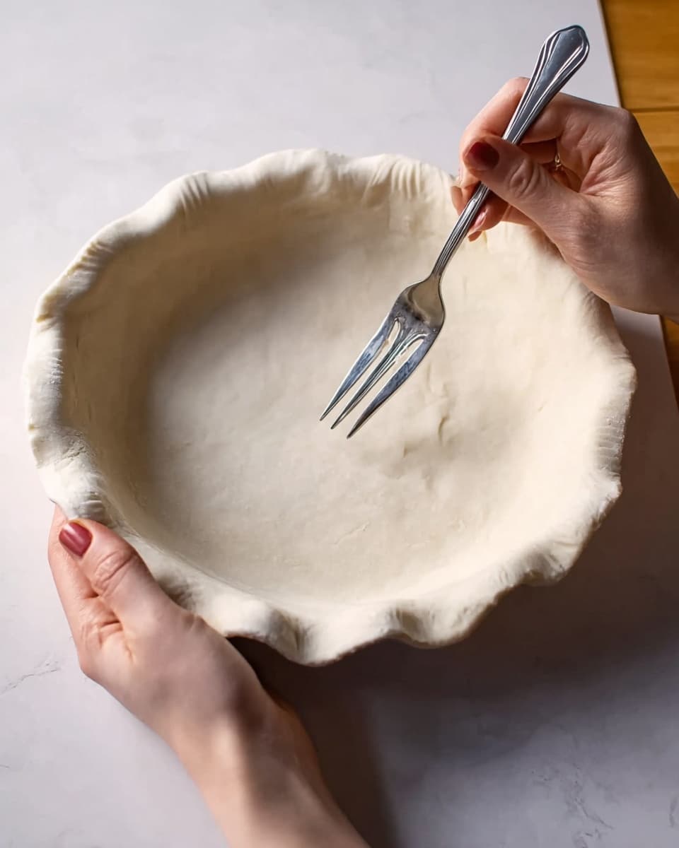 A close-up view of a white pie crust pressed into a white pie dish by two woman's hands, one holding the edge of the crust while the other uses a fork to poke holes on the bottom layer of the dough. The dough is pale and smooth with visible gentle folds and ridges along the edges, sitting on a white marbled surface. The fork is metal with four tines lightly pressing the crust. Photo taken with an iphone --ar 4:5 --v 7