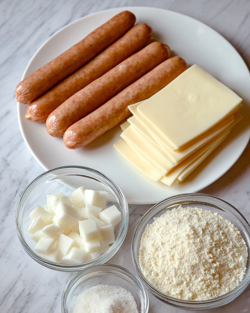The image shows four light brown sausages lying side by side on the left side of a white plate, with six square pale yellow cheese slices stacked neatly on the right side of the plate. In the front, there are three clear glass bowls; the largest one on the right holds small white cubes, the middle bowl contains a crumbly white substance, and the smallest bowl on the bottom right has a fine white powder. The background is a white marbled texture. Photo taken with an iphone --ar 4:5 --v 7