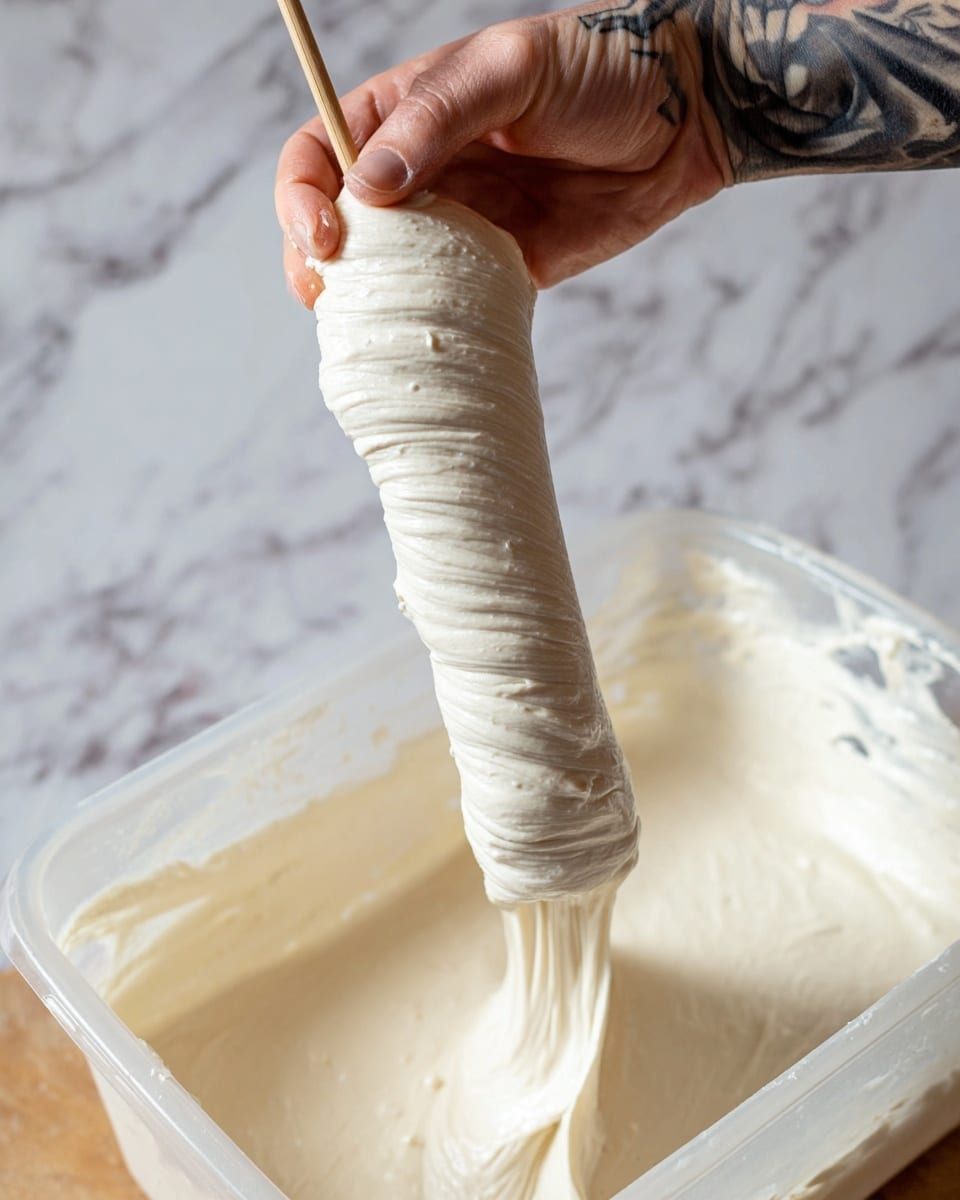 The image shows a thick, creamy white batter being stretched and wrapped around a long skewer. The batter is smooth with small bubbles and a slightly sticky texture, forming even layers as it is wrapped tightly around the skewer. The skewer is held by a woman's hand with visible tattoos, while the batter stretches from a large clear plastic container filled with more of the same batter. The background is a white marbled texture. Photo taken with an iphone --ar 4:5 --v 7