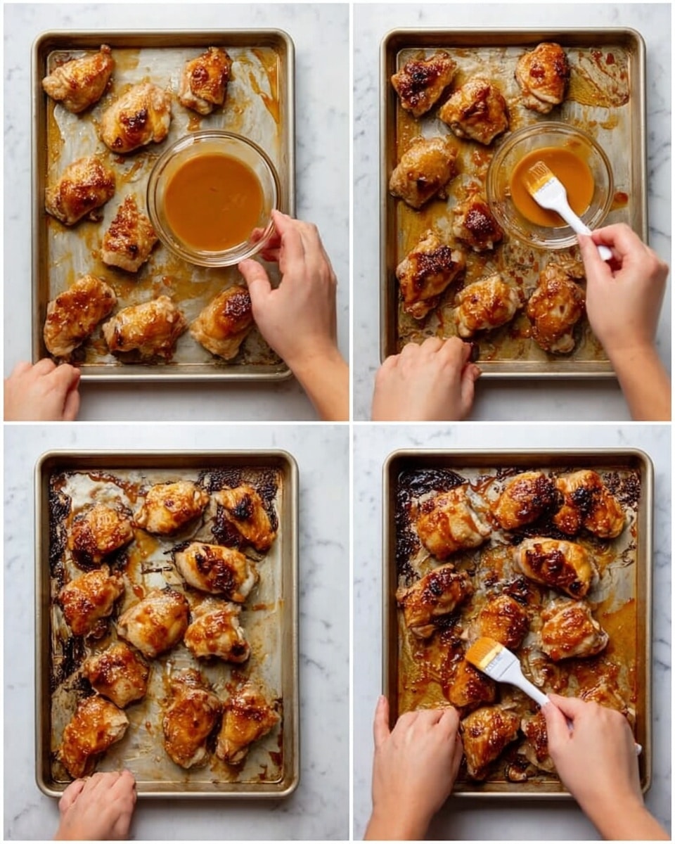 The image shows four steps of a cooking process with a metal baking tray holding pieces of cooked chicken. Each piece is browned and arranged with some space around them on the tray, which is placed on a white marbled surface. In the first step, a woman's hand is holding a small clear bowl filled with orange-brown sauce, and another woman's hand is holding a white brush touching the sauce. In the next three steps, the woman's hands are seen brushing the sauce on the chicken pieces, coating them evenly. The chicken turns darker and shinier as more sauce is applied during the process, and in the last image, the chicken has a rich, glazed color with charred spots on the baking tray. Photo taken with an iphone --ar 4:5 --v 7