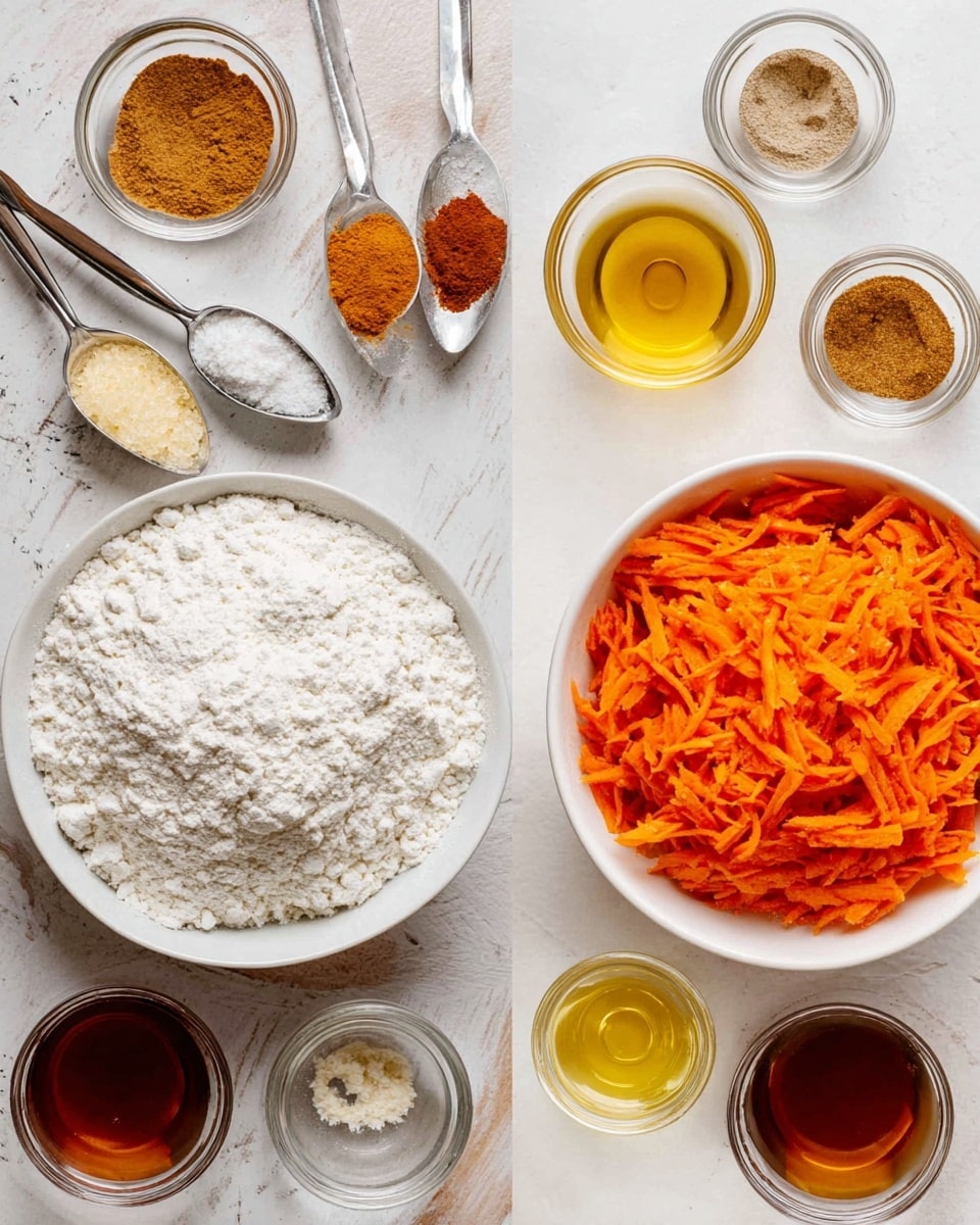 The image shows two white bowls side by side on a white marbled surface. The left bowl holds a large amount of white flour with a smooth, powdery texture. Around it are silver measuring spoons filled with brown, orange, and white spices, and a few gold spoons with white powder and a coarse grainy ingredient. The right bowl is filled with bright orange shredded carrots with a rough texture. Surrounding it are various glass bowls filled with light yellow, dark amber, and brown liquids and powders, creating a colorful and tidy arrangement. photo taken with an iphone --ar 4:5 --v 7
