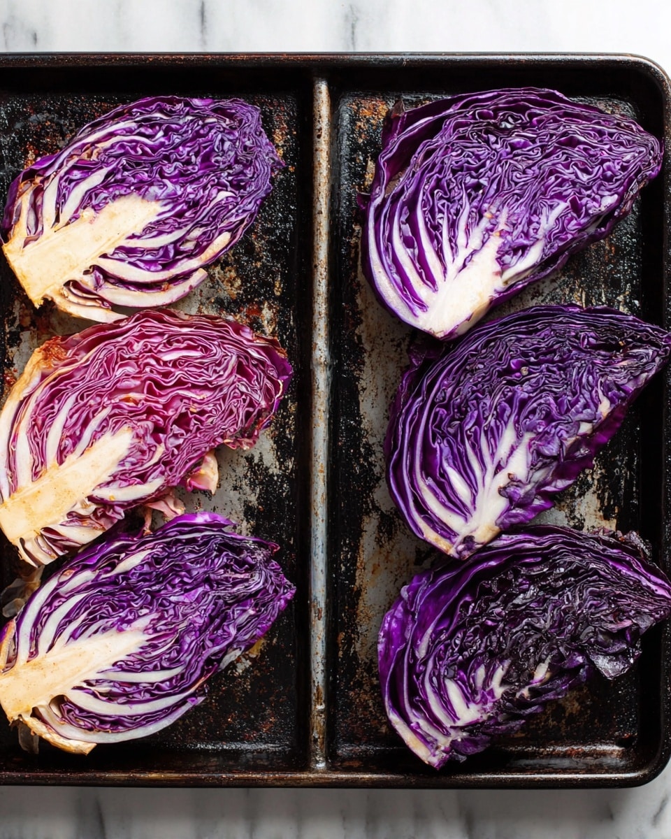 Several thick wedges of purple cabbage are placed next to each other on a used black baking tray with visible stains and wear, showing a contrast between raw and roasted states. On the left, the purple cabbage wedges have bright purple and white layers with fresh, smooth textures and visible veins. On the right, the same wedges are roasted, showing a darker purple color with some charred and wrinkled edges, giving a cooked texture. The tray is on a white marbled surface. Photo taken with an iphone --ar 4:5 --v 7