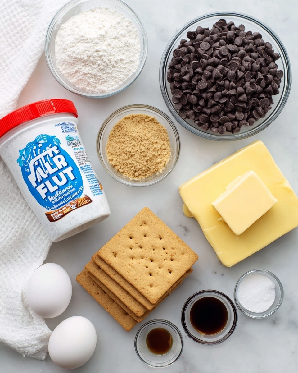 A flat lay of baking ingredients on a white marbled texture, featuring a beige egg; a block of bright yellow butter with three slices cut off at the top right; a clear glass bowl full of shiny dark chocolate chips; a white jar with a red lid labeled