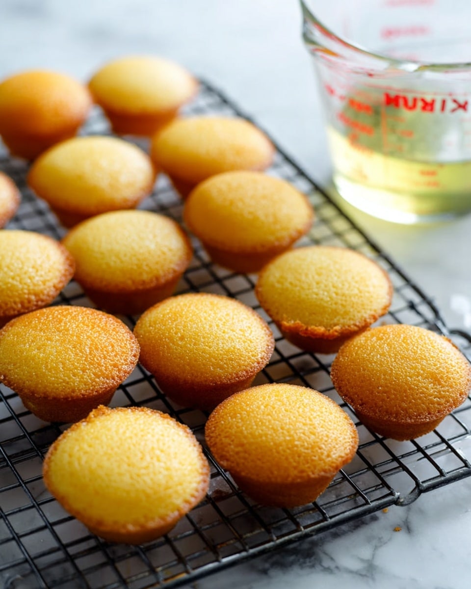 Small golden-brown mini cakes with a shiny, slightly textured top layer are arranged closely on a black metal cooling rack. Each cake has a rounded shape, with a smooth sides and a flat or lightly domed top. In the background, a clear glass measuring cup with red markings contains a light yellow liquid. The whole setup rests on a white marbled surface, creating a clean and bright setting. Photo taken with an iphone --ar 4:5 --v 7