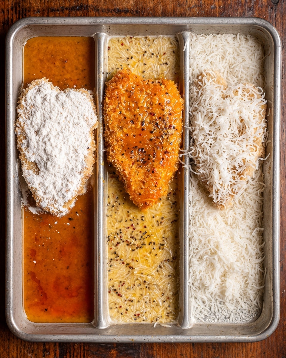 The image shows a three-step process of preparing a breaded meat dish in a small rectangular metal tray placed on a wooden table. In the first step on the left, there is a piece of meat shaped like a heart covered with white flour resting on a layer of thick orange-brown sauce spread evenly at the bottom of the tray. The second step in the middle shows the same piece of meat now coated with a wet orange marinade with black pepper specks, sitting on top of the same sauce layer. The third step on the right shows the marinated meat placed on a layer of white shredded coating, likely shredded coconut or breading, filling the tray’s bottom; the meat still has the orange marinade visible with pepper specks. Photo taken with an iphone --ar 4:5 --v 7