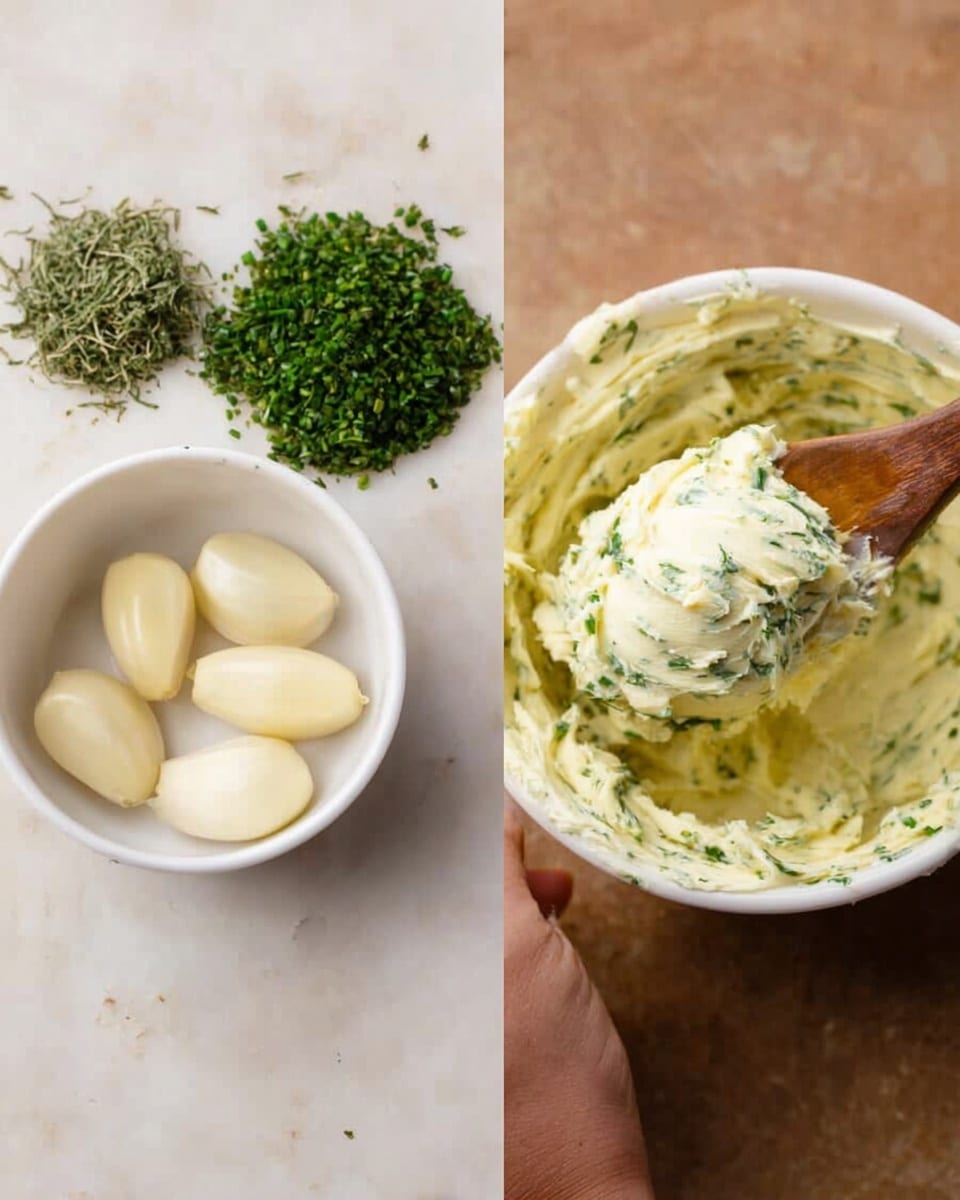 The image shows a split view with two sections side by side on a white marbled background. On the left, a white bowl holds four peeled garlic cloves. Next to the bowl are two small piles of green herbs, one lighter and the other darker, finely chopped and placed on the surface. On the right, a white bowl filled with creamy herb butter is shown. A wooden spoon held by a woman's hand is scooping up the soft, pale yellow mixture with green flecks of herbs visible throughout, showing a thick and smooth texture. photo taken with an iphone --ar 4:5 --v 7