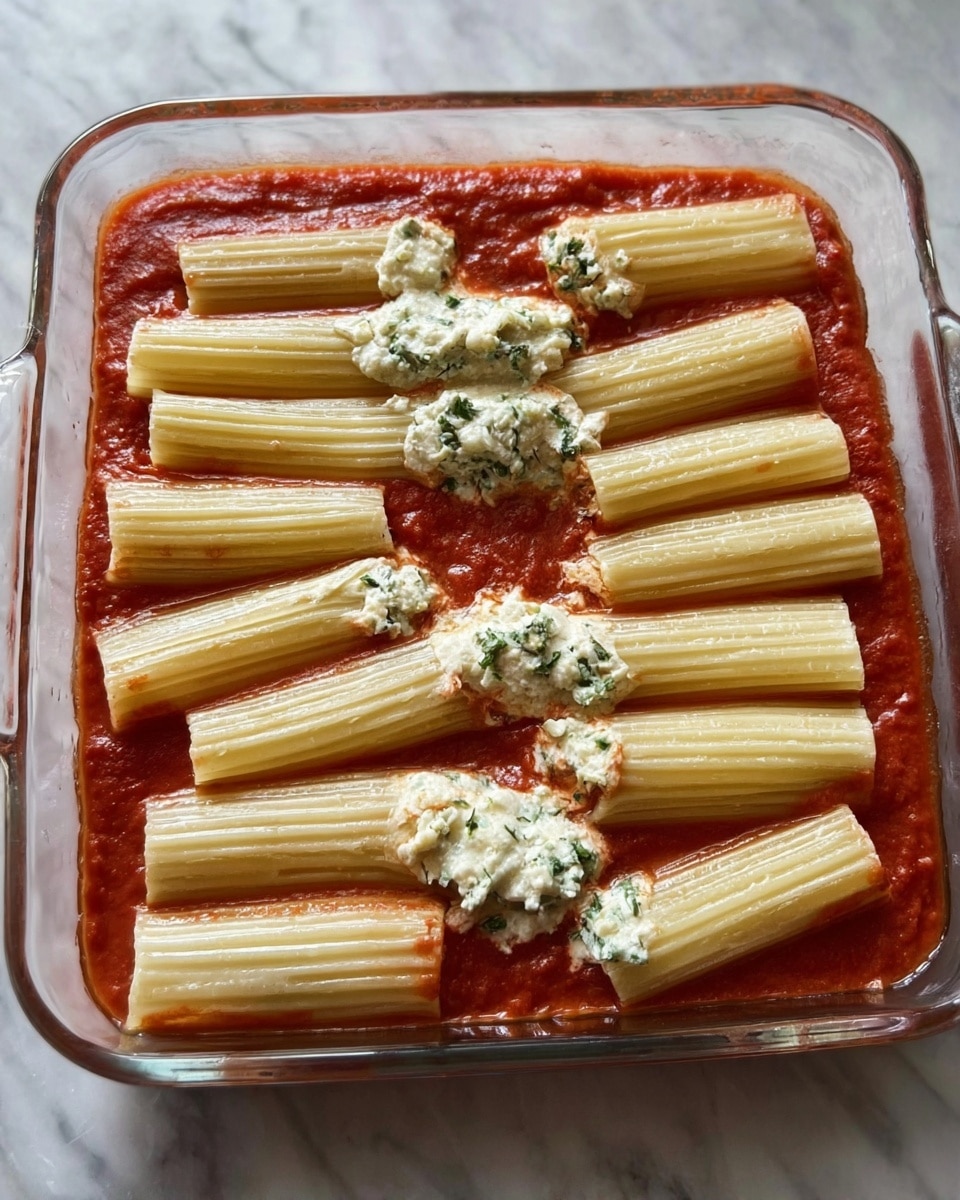 A clear glass baking dish filled with a base layer of bright red tomato sauce, topped with evenly placed stuffed pasta tubes arranged in three rows. Each pasta tube is pale yellow with visible ridges, filled with a creamy white mixture that has small green herb pieces inside, lightly sprinkled on top. The dish is set on a white marbled surface with soft natural lighting highlighting the textures of the sauce and pasta. Photo taken with an iphone --ar 4:5 --v 7