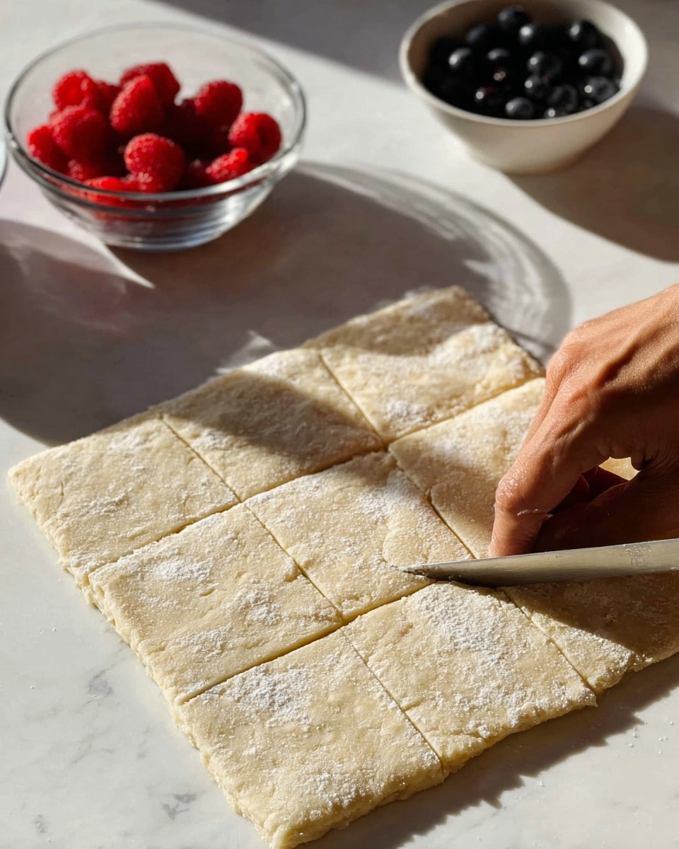 A woman's hand is using a knife to divide a large, light beige dough square into smaller squares on a white marbled surface. The dough has a slightly rough, flour-dusted texture. In the background, there is a clear glass bowl filled with bright red raspberries and a small white bowl with shiny black blueberries. The sunlight casts soft shadows, highlighting the textures and colors. photo taken with an iphone --ar 4:5 --v 7