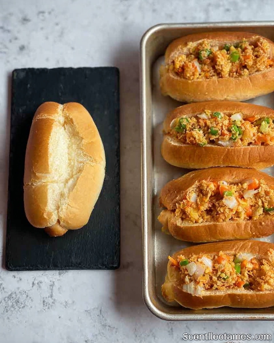 The image shows two parts side by side on a white marbled surface. On the left side, there is a single soft bun, light golden brown, shaped like a small boat, placed on a black rectangular slate. The bun’s top is sliced open with soft edges visible inside. On the right side, four similar buns are placed in a silver baking tray. Each bun is filled with a colorful mixture that looks crumbly with small pieces of green, orange, and white ingredients, giving a textured, layered look. The buns are arranged neatly in the tray, showing the filling overflowing slightly from the tops. Photo taken with an iphone --ar 4:5 --v 7