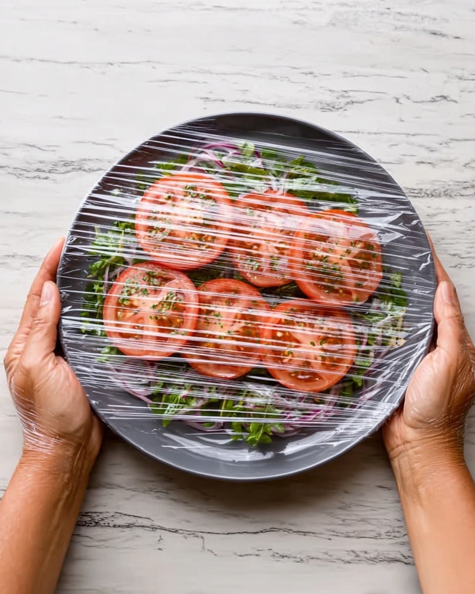 A dark gray round plate covered with clear plastic wrap held by a woman's hand on the left and another woman's hand on the right against a white marbled surface. Inside the plate, there are two layers: the bottom layer is green leafy herbs mixed with small pieces of red onion, and on top of it, there are several evenly spaced slices of red tomato with some herbs sprinkled on them. The scene looks fresh and neat with natural lighting. Photo taken with an iphone --ar 4:5 --v 7