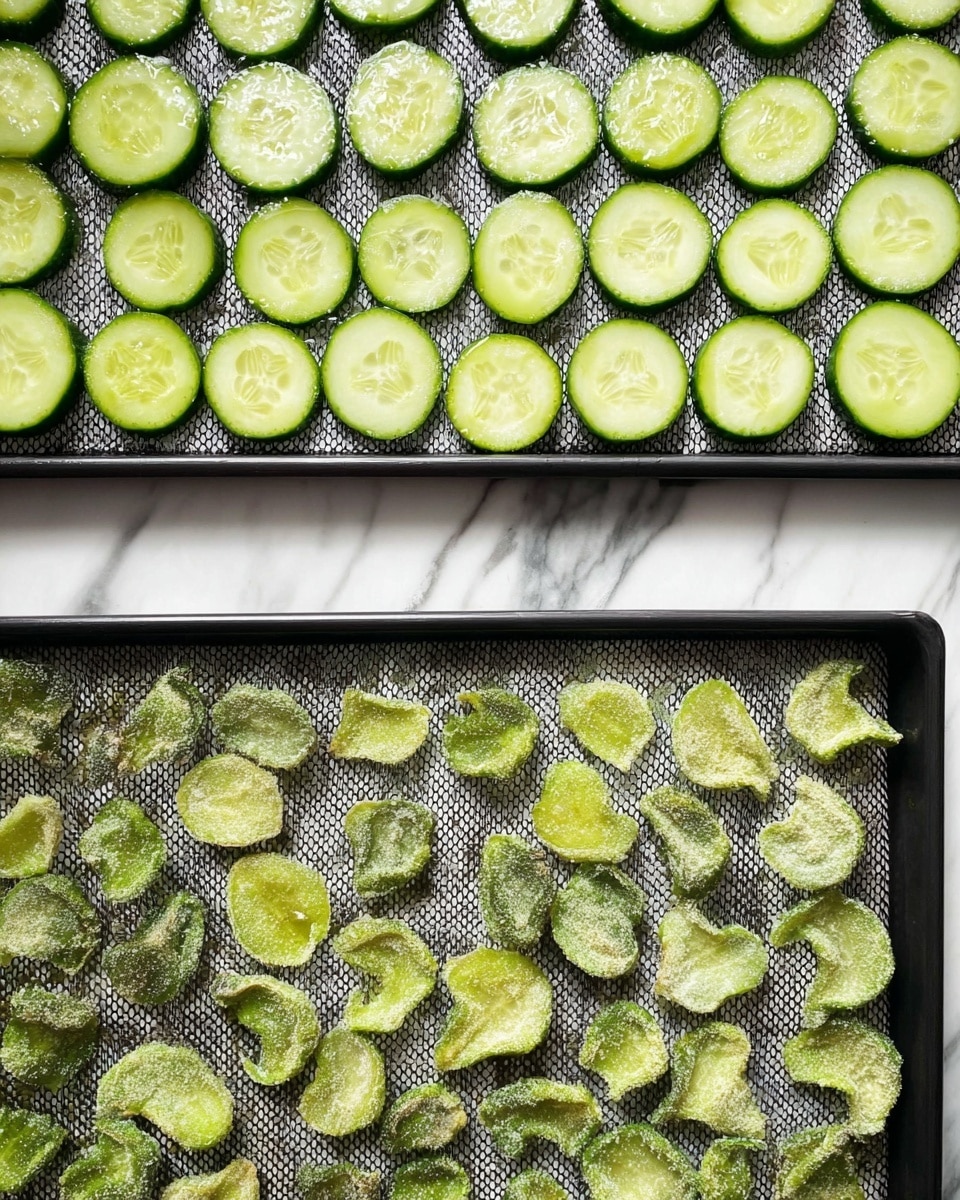 The image shows two layers of dry cucumber slices on black mesh trays placed on a white marbled surface. The top layer has larger, bright green cucumber slices with wet, shiny surfaces showing seeds and slightly curved edges. The bottom layer has much smaller, shriveled, and thinner slices with darker green edges and a textured look, showing signs of drying. Both trays are filled evenly, with the contrast between fresh moist slices on top and dried shriveled slices below. Photo taken with an iphone --ar 4:5 --v 7