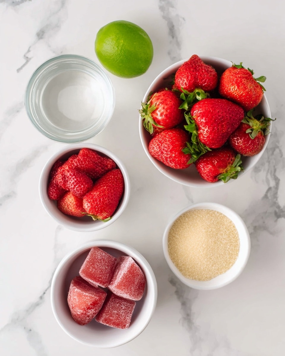 The image shows four white bowls arranged on a white marble surface. The top right bowl is filled with fresh bright red strawberries with green tops. Below it, the bottom left bowl holds frozen strawberries, which appear icy and slightly darker red. To the right of the frozen strawberries, in the bottom right bowl, there is a light tan granular sugar-like substance. Above the frozen strawberries and to the left of the sugar bowl, there is a white bowl filled with a clear liquid, likely water. A whole green lime is placed near the top left corner on the marble surface. The photo taken with an iphone --ar 4:5 --v 7