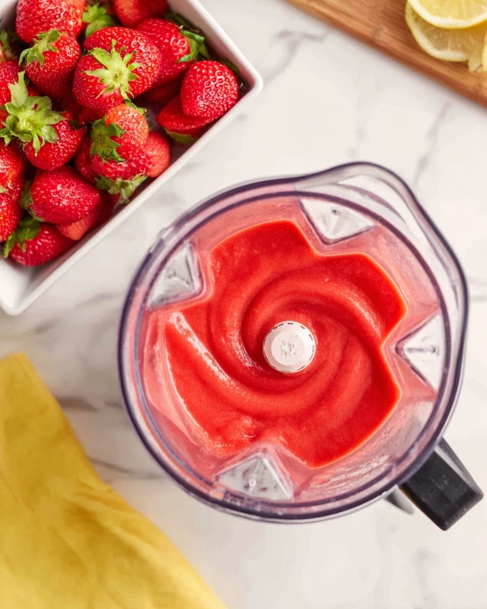 A clear blender jar is filled with bright red strawberry puree swirled smoothly inside. The blender sits on a white marbled surface next to a white square bowl filled with fresh, whole strawberries with green leafy tops visible. A yellow cloth partially appears at the bottom right corner. The scene is brightly lit, showing the fresh and vibrant colors clearly, photo taken with an iphone --ar 4:5 --v 7