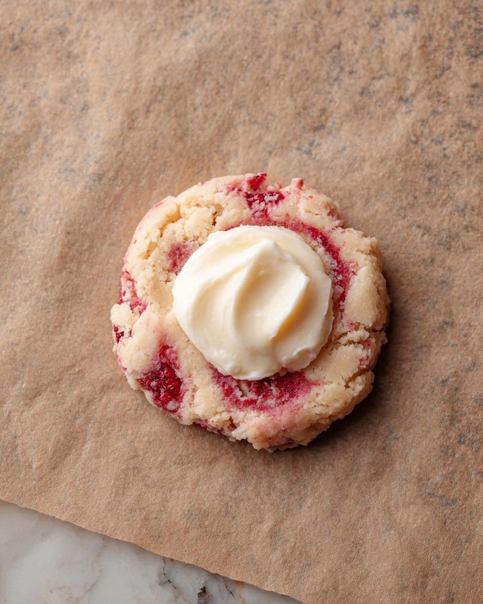 A single round cookie dough with visible red swirls, placed on brown parchment paper on a white marbled surface. The cookie dough has a rough, crumbly texture with red berry-like spots evenly spread throughout. On top of the cookie dough, in the center, is a dollop of smooth, white cream. The overall look is soft and freshly prepared, ready to be baked. photo taken with an iphone --ar 4:5 --v 7