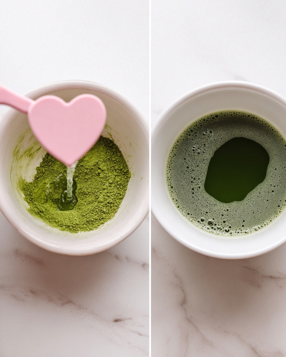 The image shows two white bowls on a white marbled surface. The left bowl contains bright green powder in the center, with a pink heart-shaped scoop pouring clear water over the powder, creating a splash effect on one side. The right bowl holds a smooth, dark green liquid with small bubbles and a slightly frothy texture that fills the bowl almost to the top. The perspective is a top-down view. Photo taken with an iphone --ar 4:5 --v 7