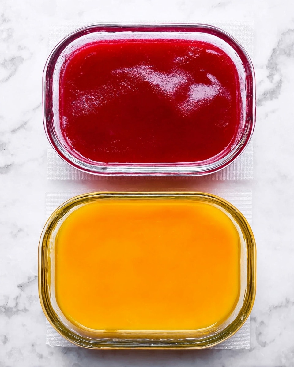 The image shows two glass containers placed on a white marbled surface, each lined with white parchment paper. The top container holds a smooth, thick layer of deep red jelly spread evenly across the base. The bottom container contains a similar smooth layer but in a bright orange color. Both jelly layers have a glossy texture and a slightly translucent look, filling the containers almost to the edges. Photo taken with an iphone --ar 4:5 --v 7