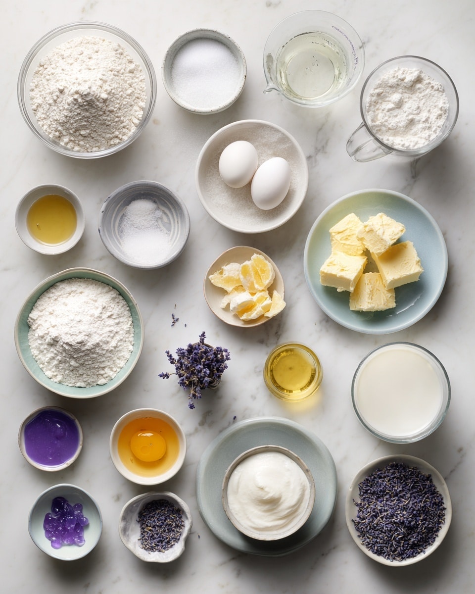 Top-down professional food photography, flat lay style, bright white marble countertop, neatly arranged, evenly spaced, tidy, clean organized layout, include: bowl of sifted cake flour, small bowl of baking powder, small bowl of salt, bowl of granulated sugar, small plate with unsalted butter, small plate with large egg whites, glass measuring cup of vegetable oil, small bowl of grated lemon zest, glass measuring cup of buttermilk, glass measuring cup of whole milk, small bowl of dried culinary lavender, bowl of powdered sugar, small bottle of vanilla essence, small bottle of pure lemon essence, small bowl of purple food coloring droplets, small plate with candied lemon slices, small bowl of additional dried culinary lavender, bright soft natural lighting, sharp focus, high detail textures, realistic reflections, professional DSLR look, 4K, no finished dish, no cooked food, no hands, no text, no watermark, no brand logos --ar 4:5 --v 7