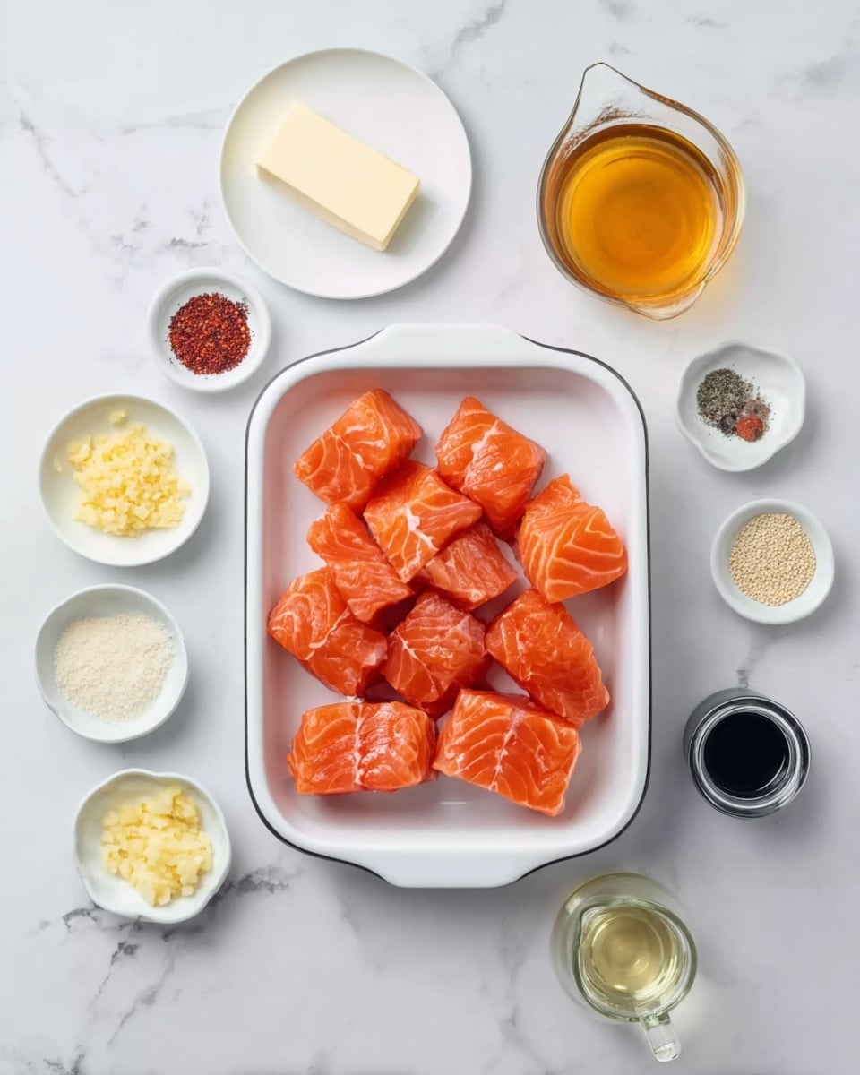 The image shows a white enamel tray filled with about sixteen raw, bright orange salmon chunks with visible white fat lines, placed at the center on a white marbled surface. Around the tray, there are eight small white dishes and glasses arranged in a loose circle: a small glass bowl of yellow minced garlic at the bottom left; above it, a white plate with red, white, and black spices arranged in small piles; near the top left, a bowl with light beige sesame seeds; below that, a small bowl with a slab of pale yellow butter; at the top center, a white measuring cup holding amber honey; just to the right of the honey, a short glass containing a golden liquid; at the bottom right, a small clear glass container filled with pale yellow cooking oil; and near the bottom center, a small dark bottle of soy sauce. The entire scene is well-lit with soft natural light, and the background is a smooth white marble texture. photo taken with an iphone --ar 4:5 --v 7