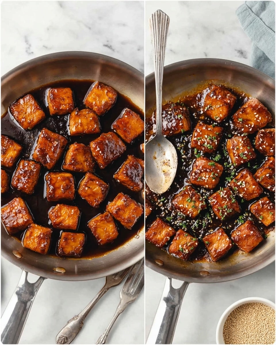 The image shows two side-by-side views of a stainless steel frying pan filled with evenly sized, square, golden-brown pieces of cooked meat soaked in a dark glossy sauce. The left side shows the meat pieces just searing in the sauce, while the right side shows the meat freshly sprinkled with white sesame seeds and some green herbs on top. A silver spoon rests inside the pan on the right, and two silver forks lie near the pan on the white marbled surface beneath it. A small bowl with sesame seeds is seen in the top right corner in the second view. The whole scene is lit naturally with soft light. photo taken with an iphone --ar 4:5 --v 7