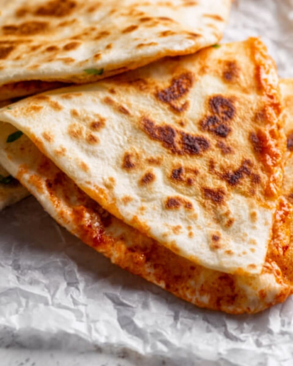 A close-up image of a folded flatbread sandwich with a golden-brown toasted texture, showing crispy darker spots on the surface. Inside, there is a visible layer of orange-red filling that looks saucy and thick, peeking slightly from the open edge. The flatbread is placed on crinkled white parchment paper on a white marbled surface with some extra flatbread pieces in the background. photo taken with an iphone --ar 4:5 --v 7
