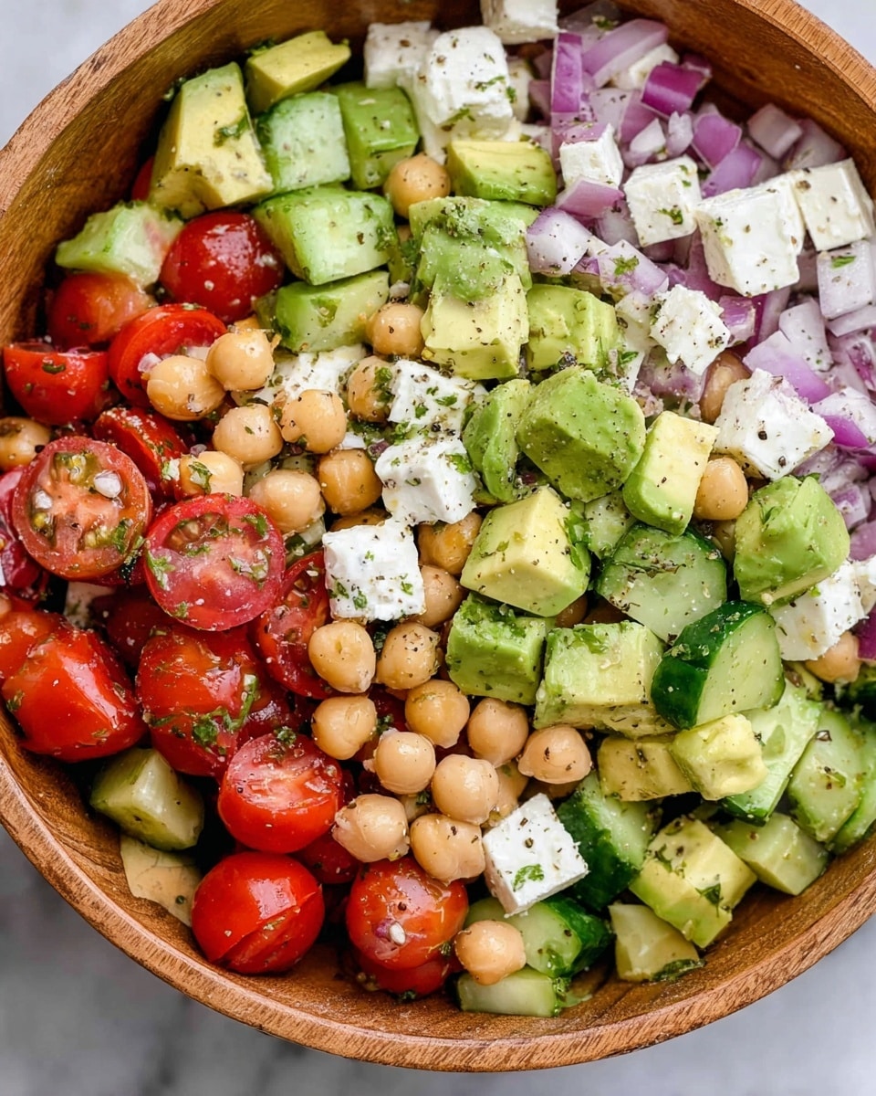 The image shows a fresh salad in a large wooden bowl on a white marbled surface, filled with multiple layers of ingredients. The base layer consists of beige chickpeas scattered evenly throughout. On top, there are bright green cucumber cubes and diced avocado pieces, creating a green contrast with red cherry tomato halves and quarters. Thin slices of red onion add a pop of purple, and white cubes of feta cheese are spread across the surface. The salad is sprinkled with finely chopped green herbs and black pepper, giving texture and color variation to the mix. photo taken with an iphone --ar 4:5 --v 7