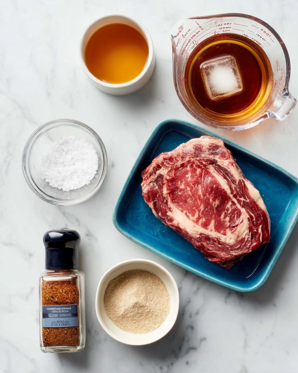 The image shows six separate items arranged on a white marbled surface. In the center, there is a blue tray holding a raw, marbled piece of red meat with white fat streaks. To the top left, a small white cup contains a clear amber liquid. At the top right, there is a clear glass measuring cup filled with a dark brown liquid and a single ice cube. Below it, a small white bowl holds a light beige powdery substance. On the left side, there is a black-capped container with coarse white salt and beneath it, a black-capped bottle filled with a reddish-brown spice mix. The arrangement is neat and clear, and a woman's hand is not visible. Photo taken with an iphone --ar 4:5 --v 7
