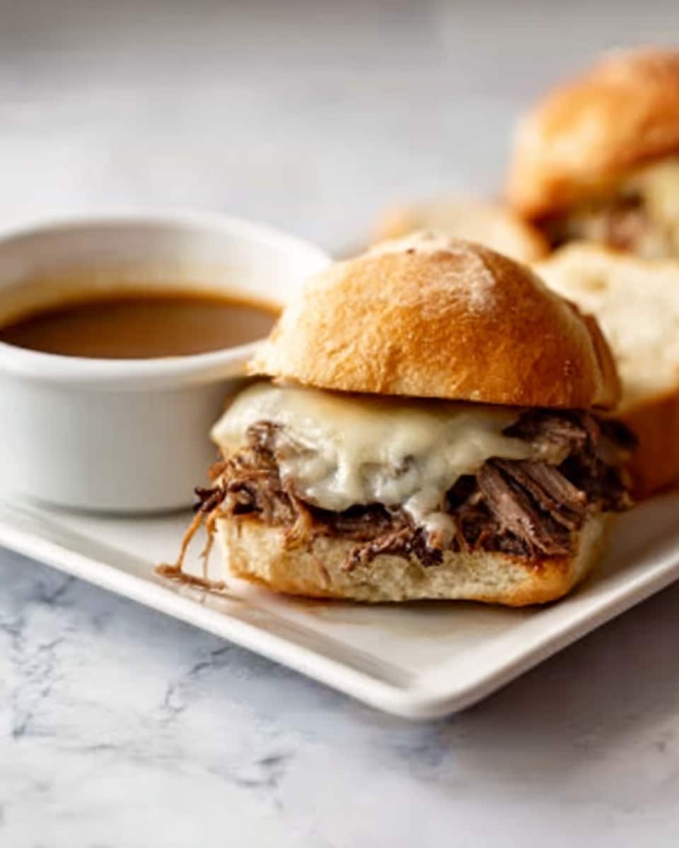 The image shows a close-up of a sandwich with three layers inside a soft, light brown bun that has a slightly crispy crust. The bottom layer is shredded meat with a dark brown color, topped with a layer of melted cheese that is creamy white with a smooth texture. The top bun sits slightly tilted, showing the filling clearly. Next to the sandwich on the white rectangular plate is a small white bowl filled with a brown sauce. The background is a white marbled texture and the overall setting looks clean and simple. Photo taken with an iphone --ar 4:5 --v 7