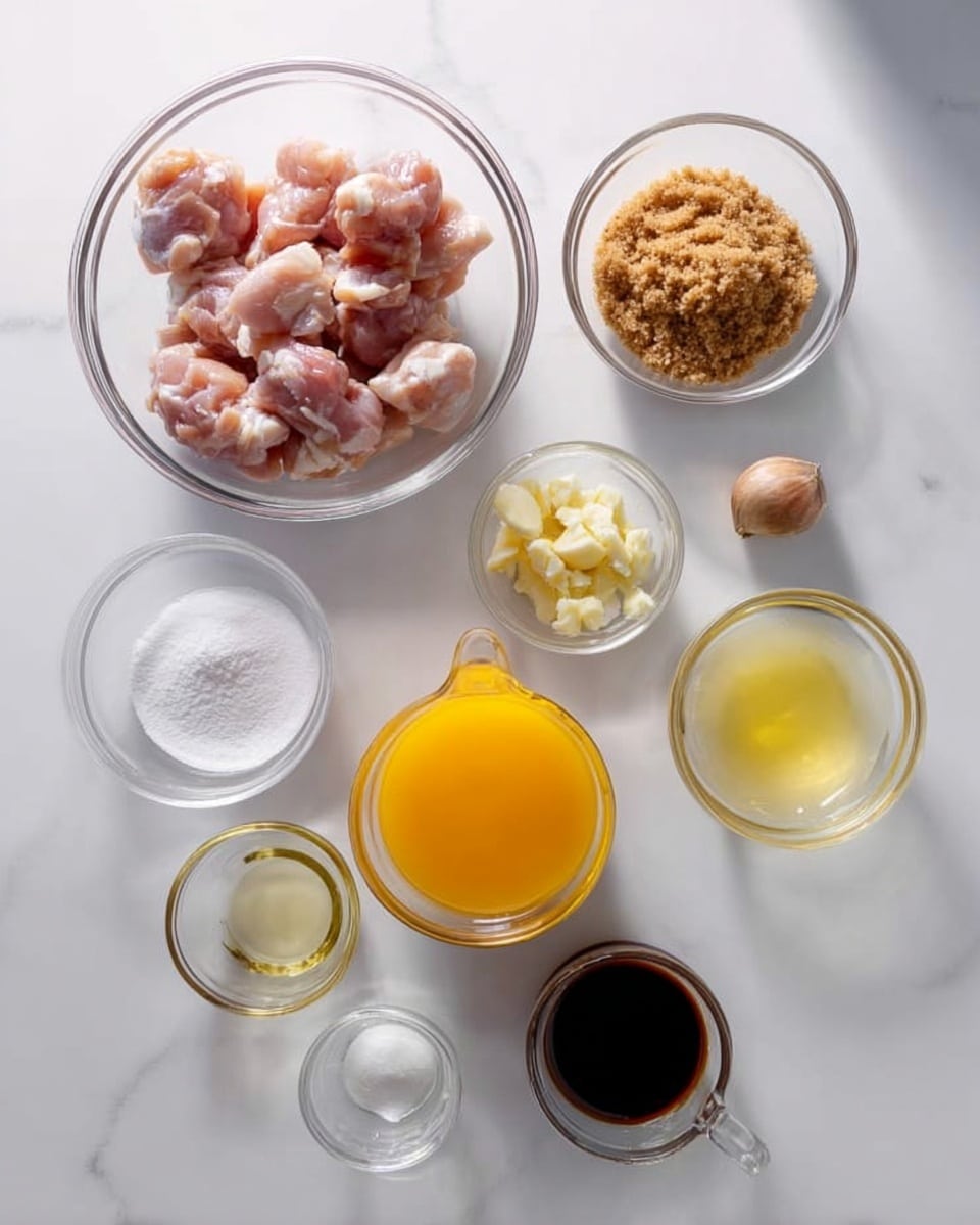 A white marbled surface holds a collection of clear glass bowls and a small glass jug arranged neatly. At the bottom left, a large clear bowl contains raw chicken pieces with a pinkish color. Above it, there is a smaller bowl filled with light brown sugar that has a crumbly texture and a little bowl with pale yellow minced ginger. At the top left, a small bowl holds white powder, likely cornstarch, while below that is a bowl with pale yellow cooking oil. A small bowl with a small round piece of light brown garlic is at the top right. Near the center is a glass jug filled with bright orange liquid, likely juice, and next to it is a small bowl with dark soy sauce. There are also two more small glass bowls, one with a white powdery substance and one with chopped garlic or ginger. Everything rests on the clean white marbled surface with light shadows. photo taken with an iphone --ar 4:5 --v 7