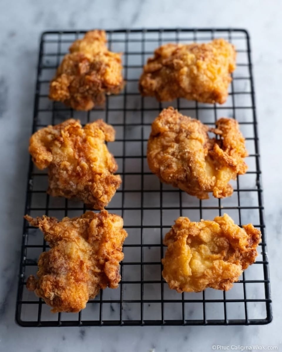 The image shows six pieces of golden-brown fried chicken placed on a black cooling rack. The pieces are arranged in two rows of three, each with a rough, crispy texture and varied shapes. The background is a white marbled surface, creating a clean and bright setting. The photo has a close-up view highlighting the crunchy coating on the fried chicken. Photo taken with an iphone --ar 4:5 --v 7
