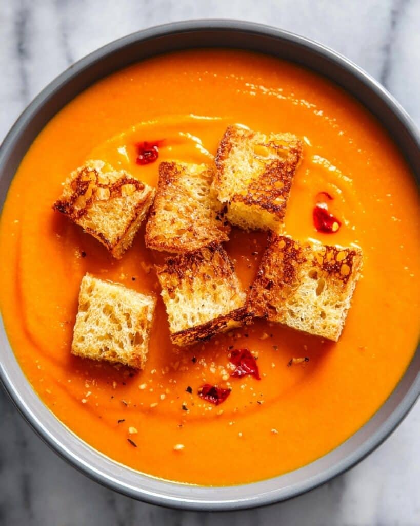 Roasted Vegetable Garlic Soup with Grilled Cheese Croutons Recipe