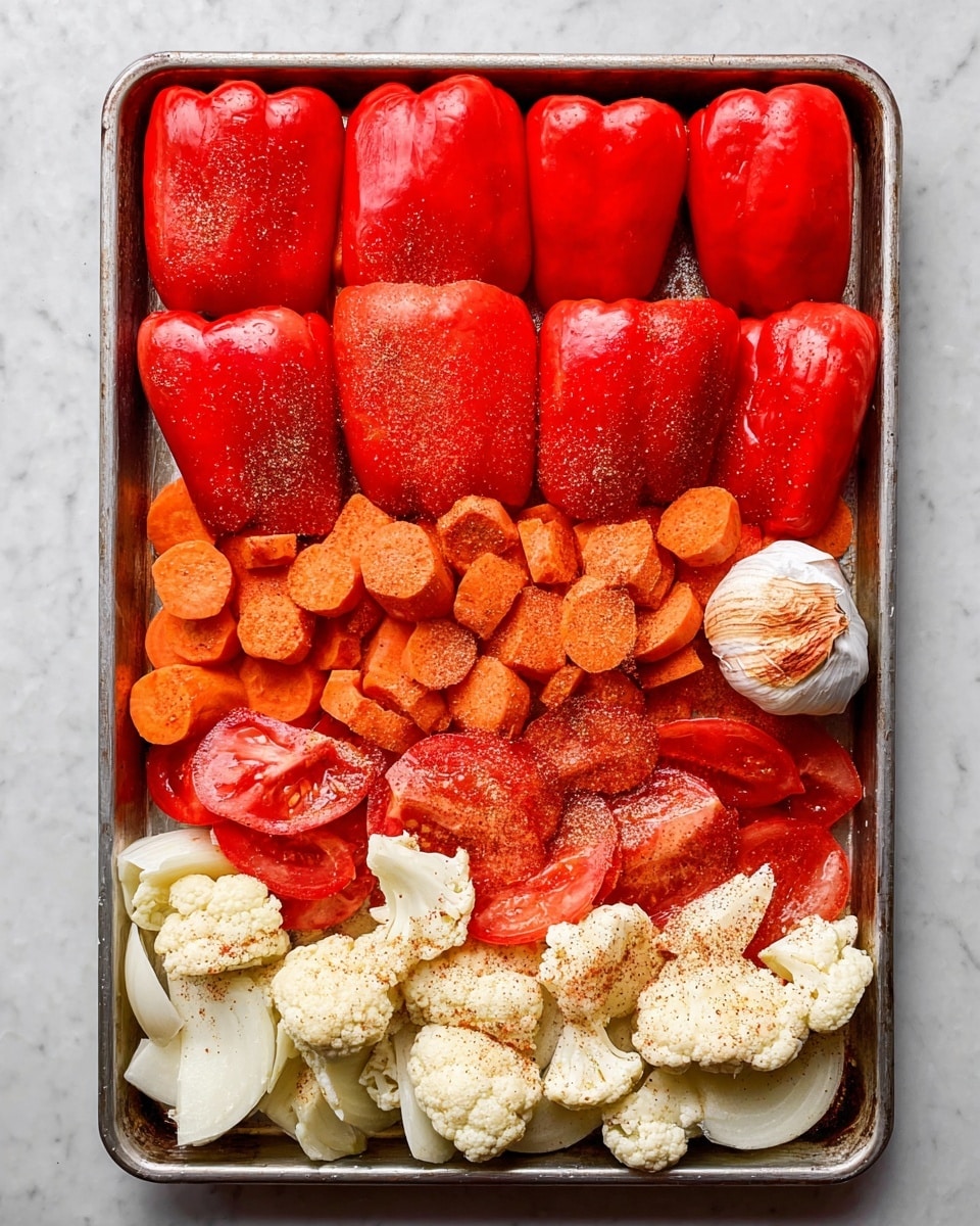 A metal baking tray is filled with four layers of vegetables arranged from top to bottom: the top layer has six large, smooth, bright red bell peppers sprinkled lightly with seasoning; below them is a layer of small, round, orange carrot pieces evenly spread; next is a layer of thick white onion slices and quartered red tomatoes with a light dusting of seasoning; the bottom layer consists of unevenly shaped creamy white cauliflower florets also sprinkled with seasoning. At the top right corner is a halved garlic bulb with a reddish seasoning on the cut surface. The tray rests on a white marbled surface. Photo taken with an iphone --ar 4:5 --v 7