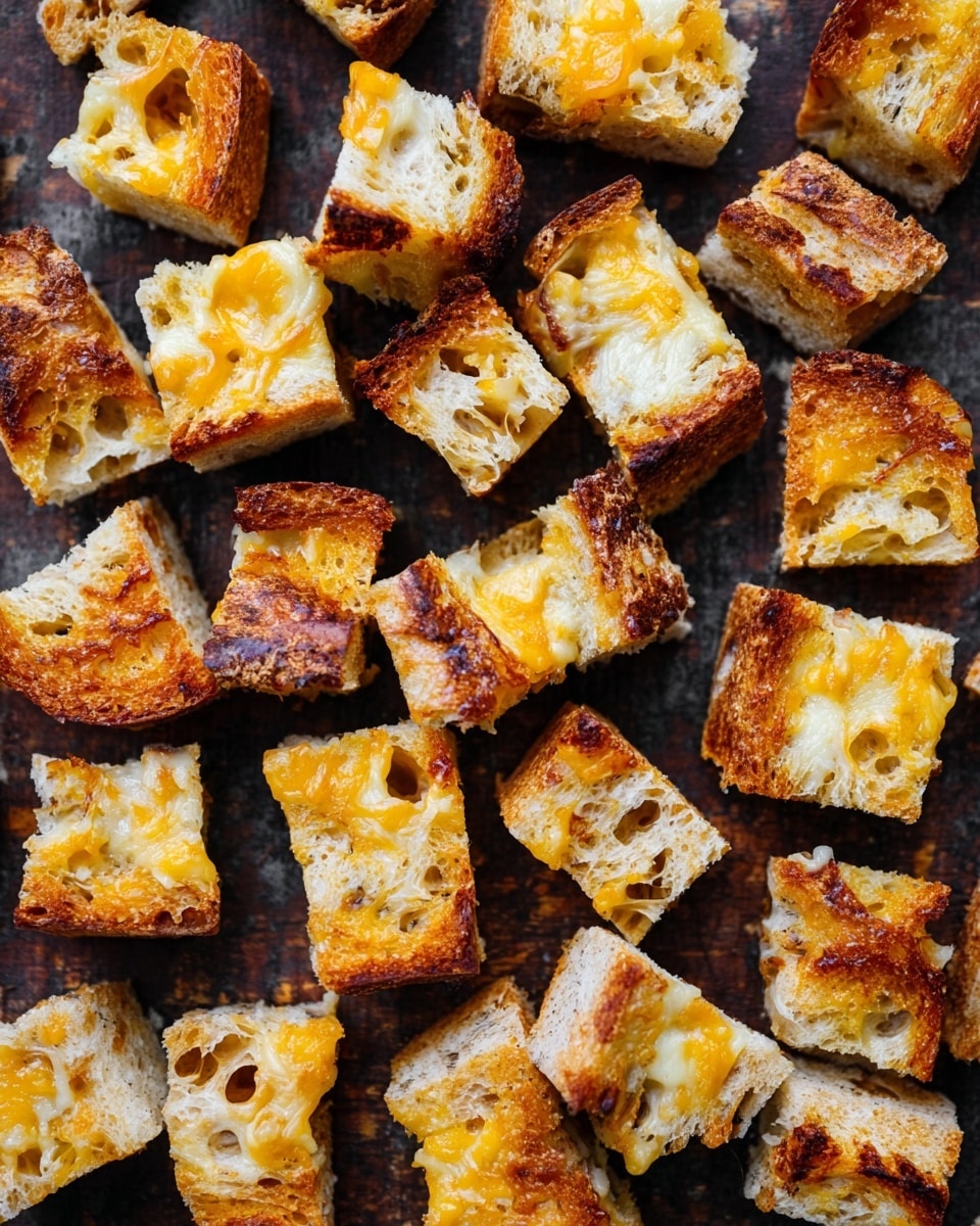 The image shows many small, square pieces of toasted bread with melted cheese on top. The bread cubes have a golden brown crust with some darker, crispy edges, and the cheese is melted unevenly, creating a mix of smooth, glossy yellow layers and bubbly, slightly browned spots. The texture of the bread looks soft inside but crunchy outside, while the cheese appears stretchy and rich in color. These bread and cheese cubes are spread out randomly on a dark surface with a rough texture. photo taken with an iphone --ar 4:5 --v 7