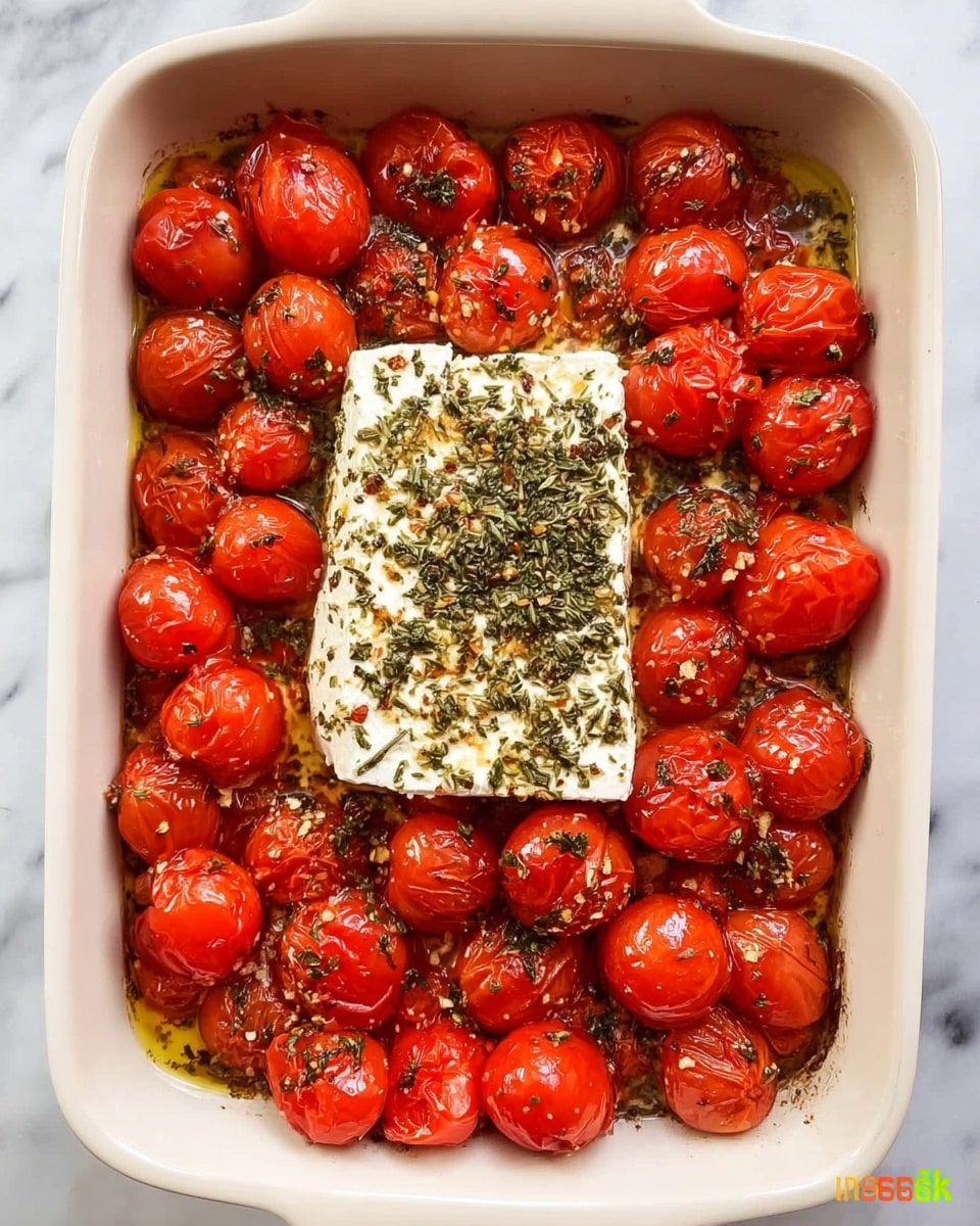 The image shows a white rectangular baking dish filled with bright red cherry tomatoes arranged around a single block of white feta cheese in the center. The cheese is topped with a mix of dried green herbs and small bits of garlic. The tomatoes have a shiny texture from olive oil and are slightly blistered, with the herbs scattered lightly over them. The dish rests on a white marbled surface. photo taken with an iphone --ar 4:5 --v 7