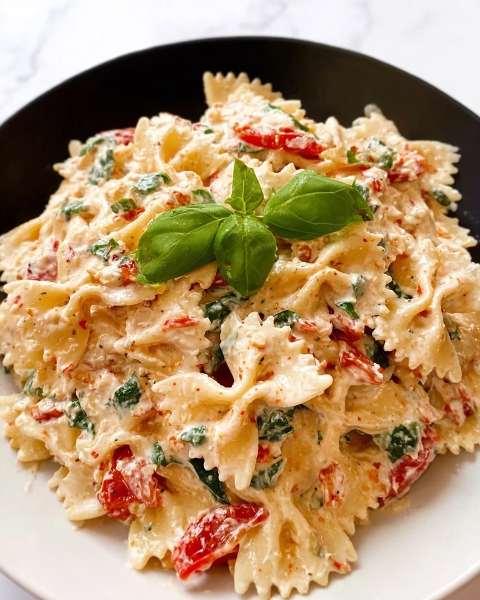 A close-up view of a plate filled with bow-tie pasta covered in creamy white sauce mixed with small pieces of red tomatoes and bits of green spinach scattered throughout. The pasta layers pile up with the sauce clinging smoothly, creating a textured yet soft look with the fresh basil leaf on top adding a vibrant green contrast. The dish is served on a white plate, placed on a white marbled surface. Photo taken with an iphone --ar 4:5 --v 7