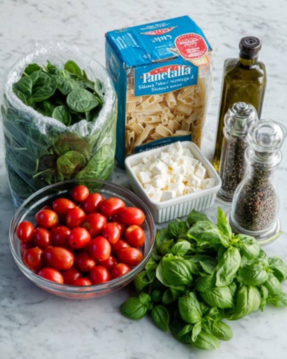 The image shows a white marble surface with fresh ingredients for cooking arranged neatly. On the left, there is a bag of bright green spinach standing upright. In the center, a clear glass bowl is full of small, shiny red cherry tomatoes. Next to it, a white container holds white feta cheese. Behind these, a blue box of dry pasta stands tall with some pasta shapes visible on the front. To the right, a bunch of green fresh basil leaves lies flat on the surface. Finally, two tall bottles are placed near the basil: a dark green bottle of olive oil and a clear glass pepper grinder with black pepper inside. Photo taken with an iphone --ar 4:5 --v 7