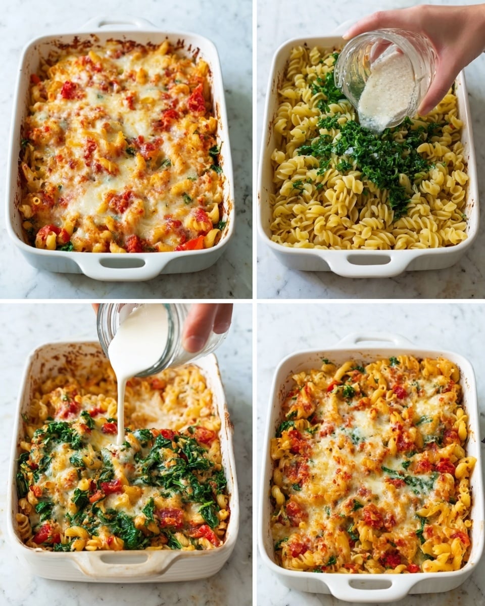 The image shows a white baking dish with four photos arranged in a grid. The top left image displays a golden baked top layer of melted cheese with bits of red tomato sauce peeking through. The top right image shows a woman's hand adding cooked, pale yellow pasta and bright green spinach on top of the cheesy layer. The bottom left image shows a woman's hand pouring a white liquid into the dish with pasta and spinach now placed evenly over the cheese and tomato base. The bottom right image reveals the pasta, spinach, and melted cheese mixed together, with a creamy texture and rich, warm colors of yellow, green, red, and orange. The background is a white marbled surface. photo taken with an iphone --ar 4:5 --v 7