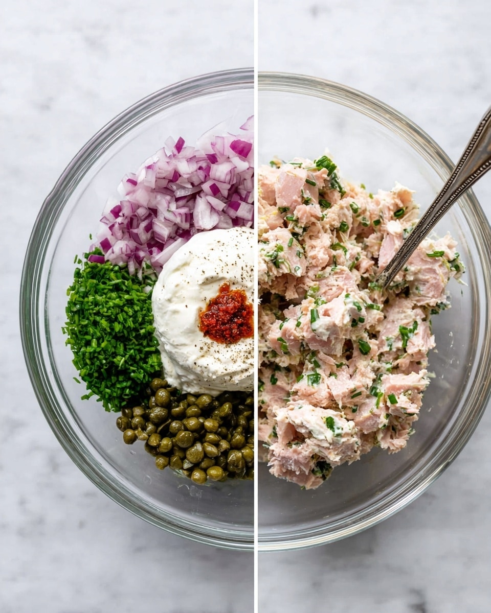 A clear glass bowl sits on a white marbled surface, filled with separate layers of finely chopped red onions on the left, chopped green chives on the right, and green capers at the bottom left. In the middle, there are chunks of light pink tuna, a dollop of white creamy yogurt topped with a small red sauce, and a sprinkle of black pepper. The second image shows the same bowl after mixing, with the ingredients blended into a creamy pale pink mixture dotted with green chive pieces and capers, with a silver spoon resting inside. Photo taken with an iphone --ar 4:5 --v 7