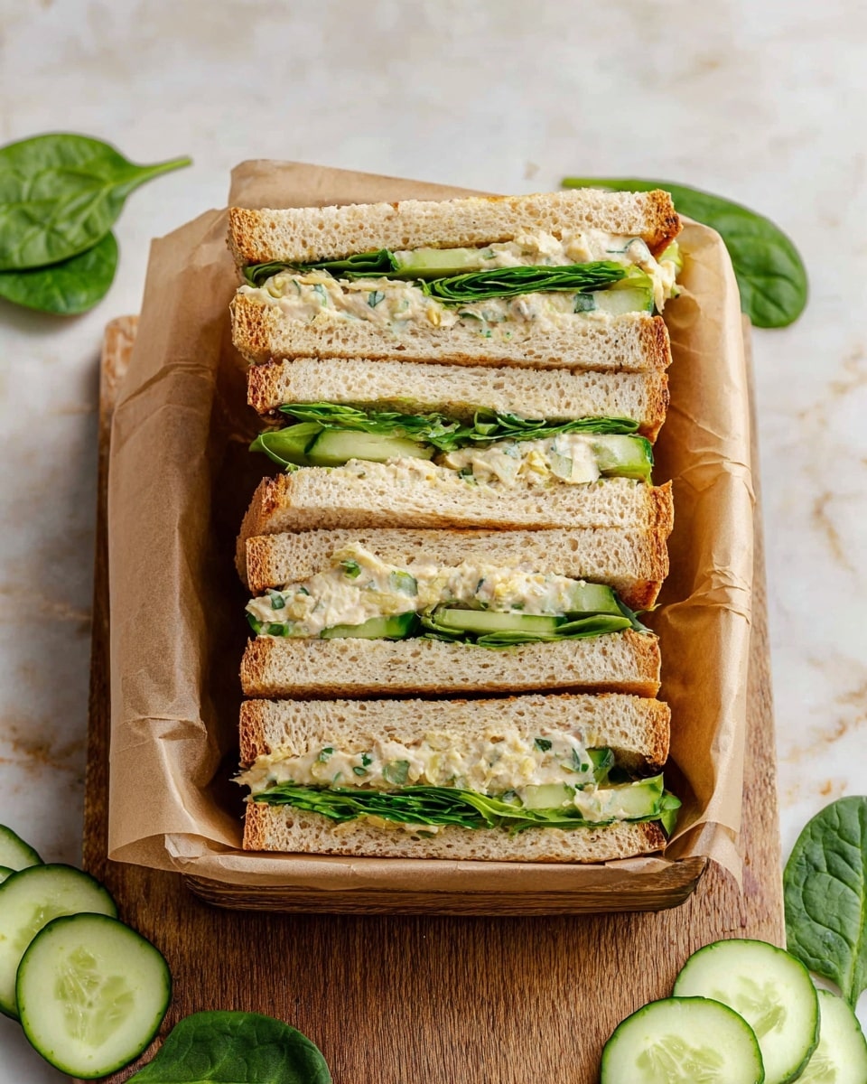 The image shows a stack of five sandwich halves arranged neatly in a row inside light brown parchment paper, placed on a wooden board. Each sandwich has three layers of light brown toasted bread, filled with a creamy light beige spread mixed with green herbs, fresh bright green lettuce leaves, and thin slices of cucumber with pale green skin. Around the wooden board, there is a fresh spinach leaf and several slices of cucumber on a white marbled surface. Photo taken with an iphone --ar 4:5 --v 7
