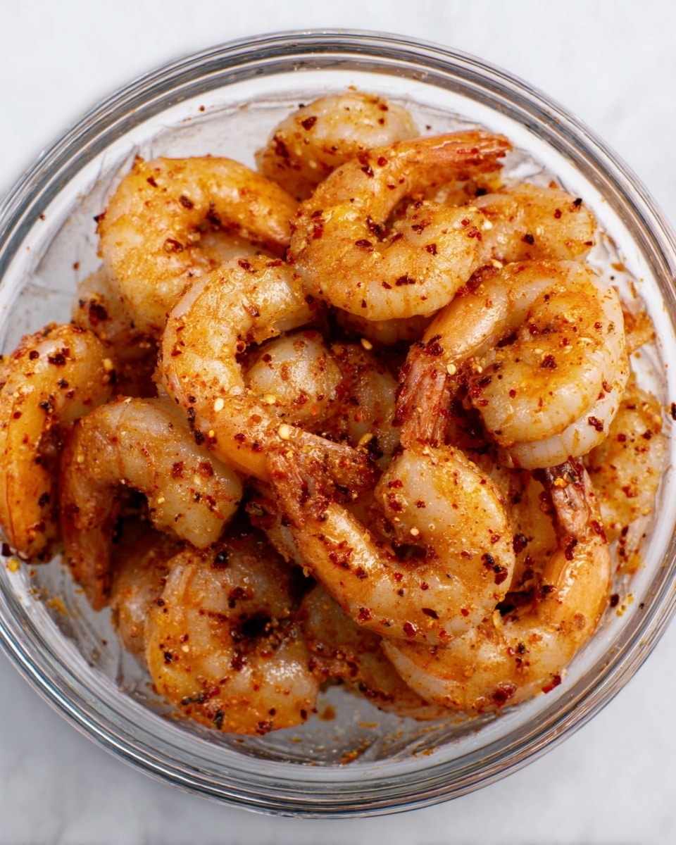 A clear glass bowl filled with cooked shrimp coated lightly in red spices, giving them a slightly orange and speckled look. The shrimp are piled closely together, showing their curved shapes and firm texture. The bowl sits on a smooth white marbled surface. photo taken with an iphone --ar 4:5 --v 7